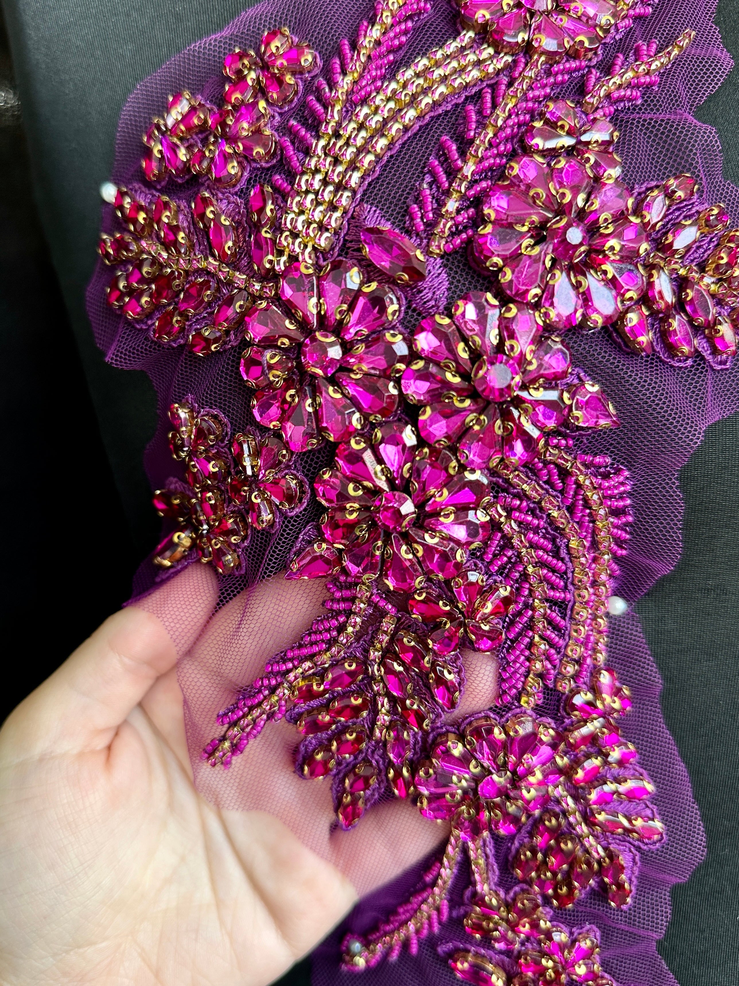 Gina Fuchsia Rhinestones Applique, Embellished clothing, Rhinestone applications, Rhinestone embroidery, Rhinestone patch, Dress patch, Rhinestones for dress