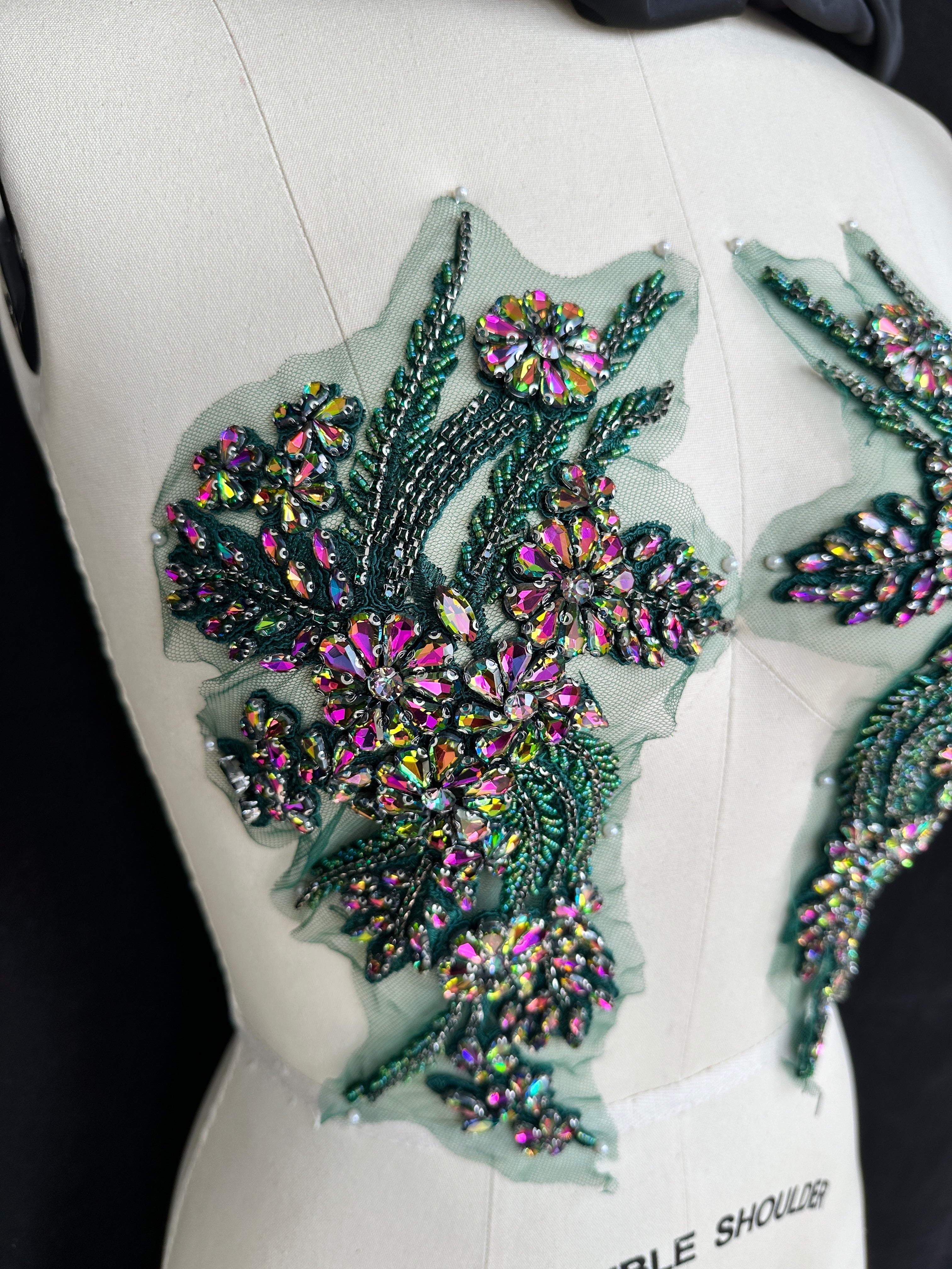 Gina Green Iridescent Rhinestone Applique, Embellished clothing, Rhinestone applications, Rhinestone embroidery, Rhinestone patch, Dress patch, Rhinestones for dress