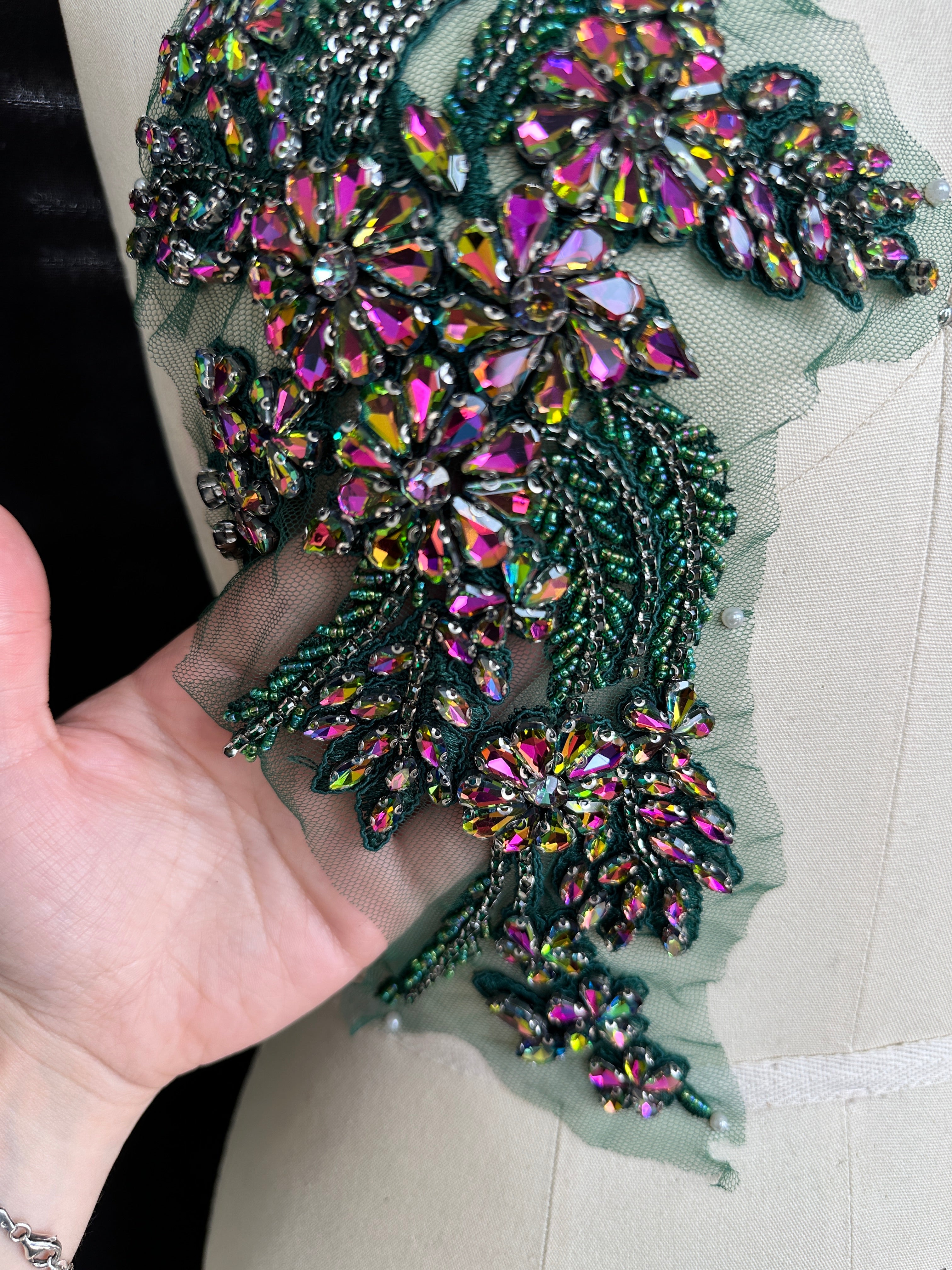 Gina Green Iridescent Rhinestone Applique, Shop Fabrics Online, Sewing, Fabric Store, Sewing Store, Cheap Fabric Store, Kiki Textiles