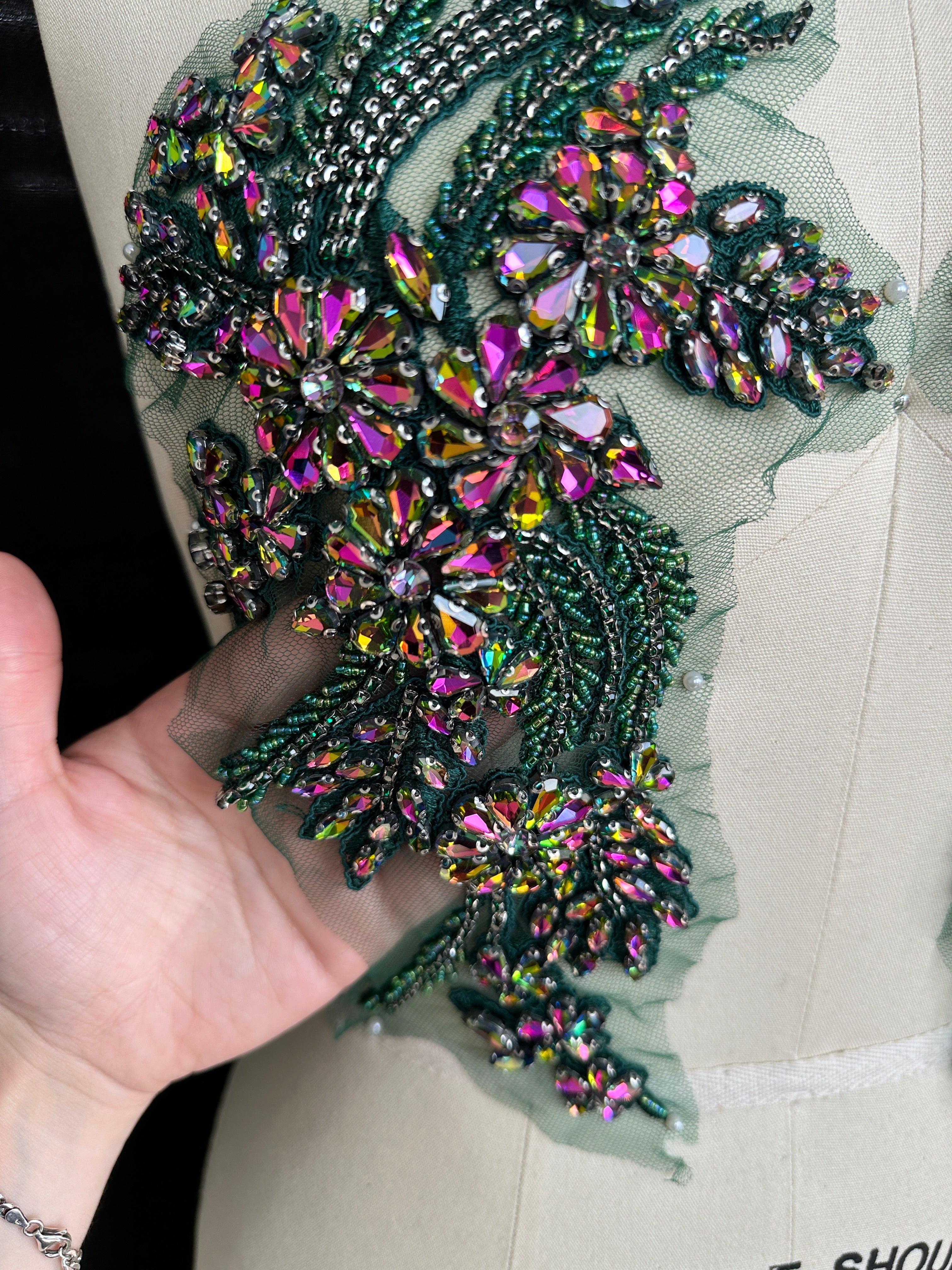 Gina Green Iridescent Rhinestone Applique, Shop Fabrics Online, Sewing, Fabric Store, Sewing Store, Cheap Fabric Store, Kiki Textiles