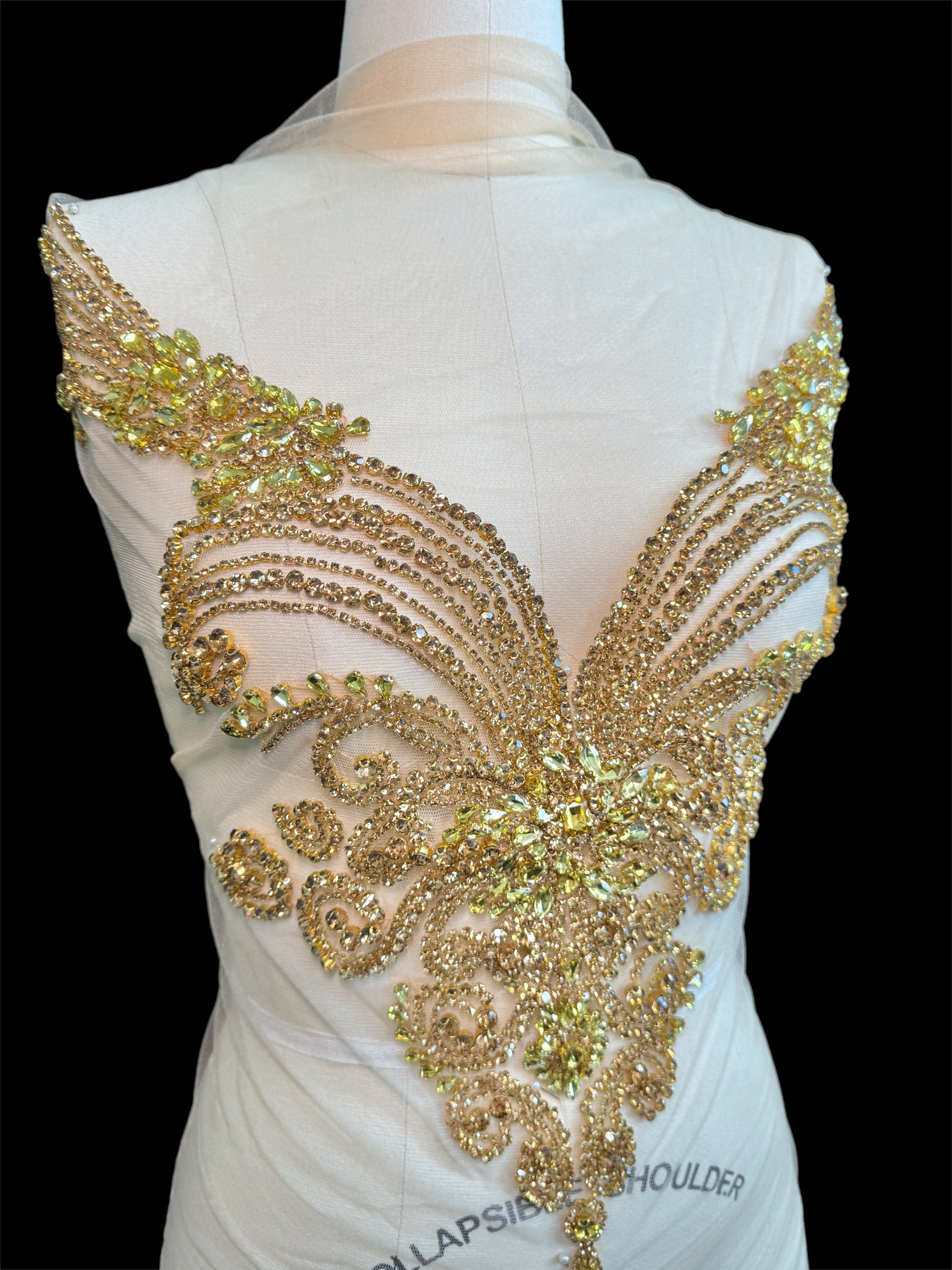 amy gold iridescent Bodice Applique, dusty gold rhinestone, gold rhinestone, light gold rhinestone