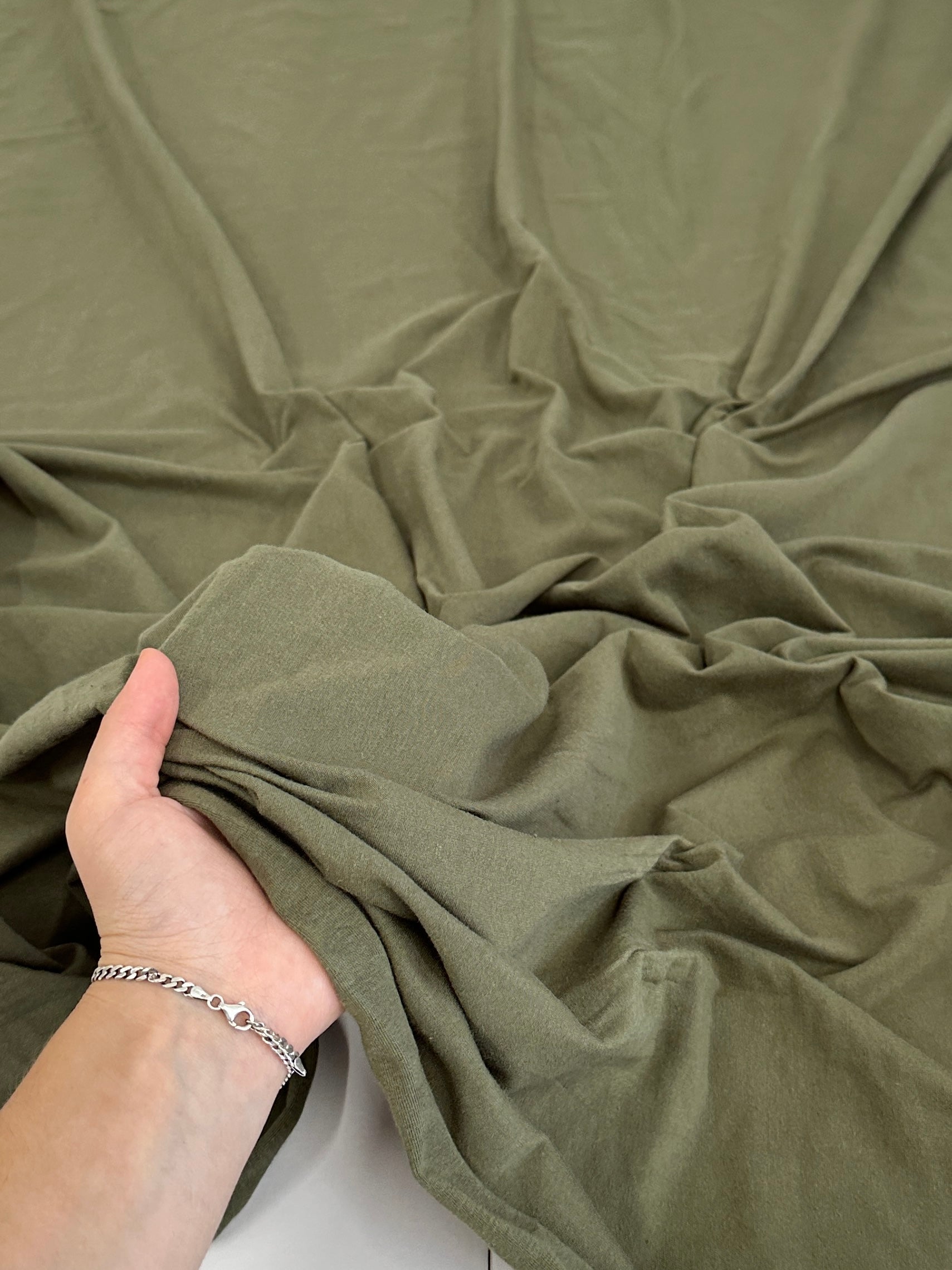 Army Green Cotton Jersey Knit, shop fabrics online, sewing, fabric store, sewing store, cheap fabric store, kiki textiles, textile by the yard