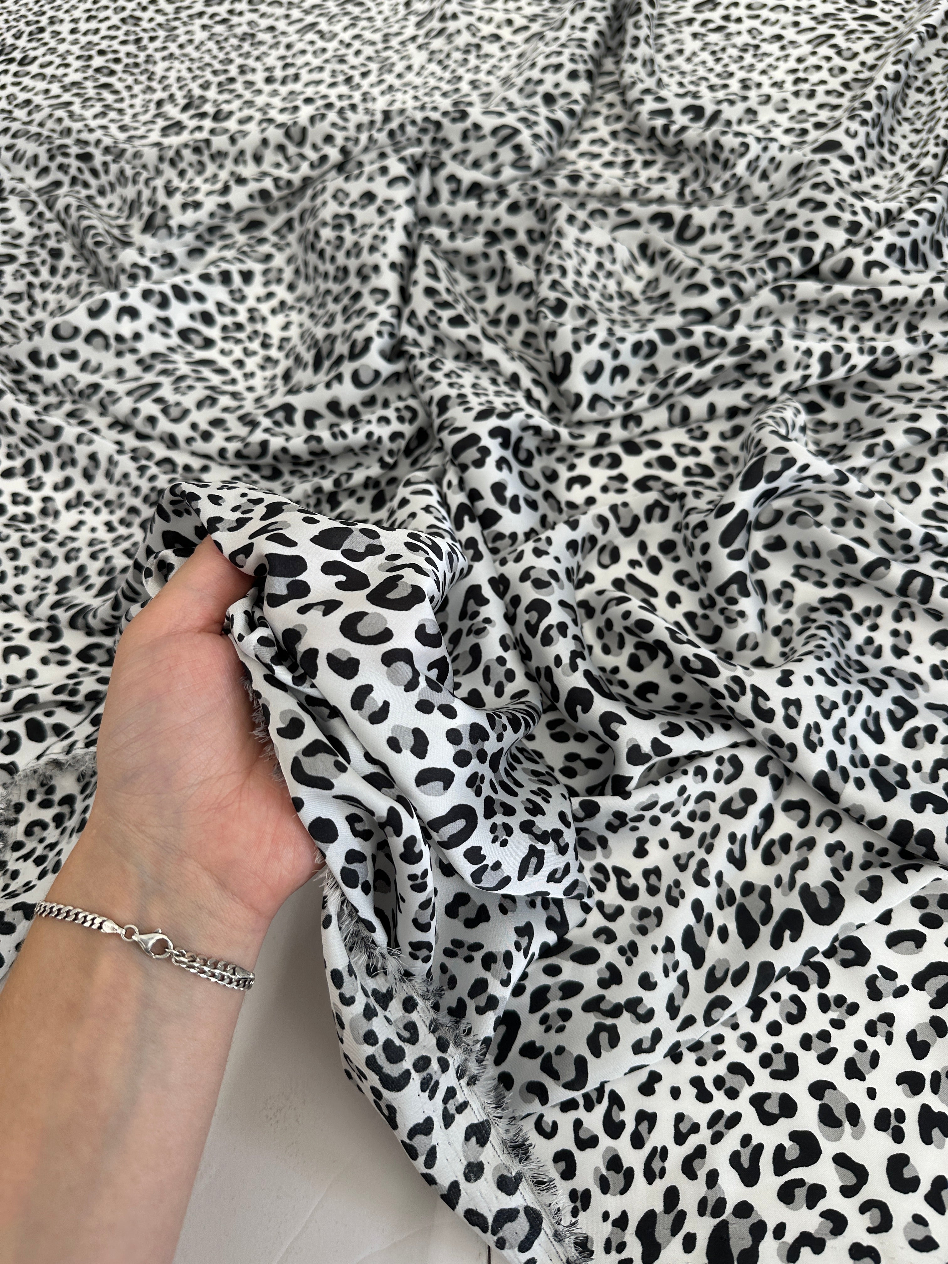 Black/White Leopard Print Satin, Luxury Satin, Cheap Satin, Premium Stretch Crepe Back Satin, Satin for Bride, Satin for Women, Satin in Low Price, Cheap Satin, Satin on Sale