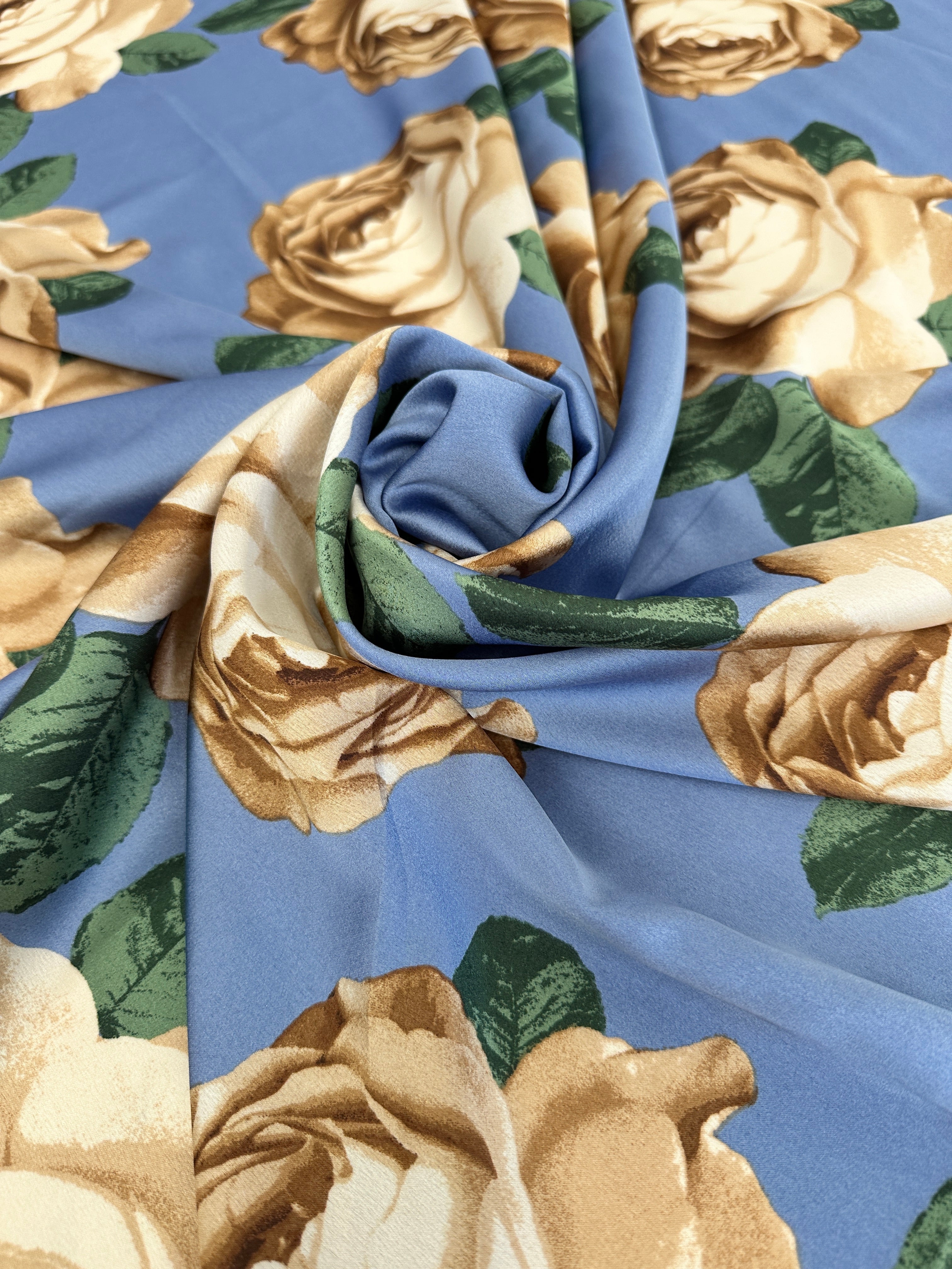 Blue/Gold Floral Print Satin, Luxury Satin, Printed Satin, Premium Satin, Satin for Bride, Satin for Women, Satin in Low Price, Cheap Satin, Satin on Sale