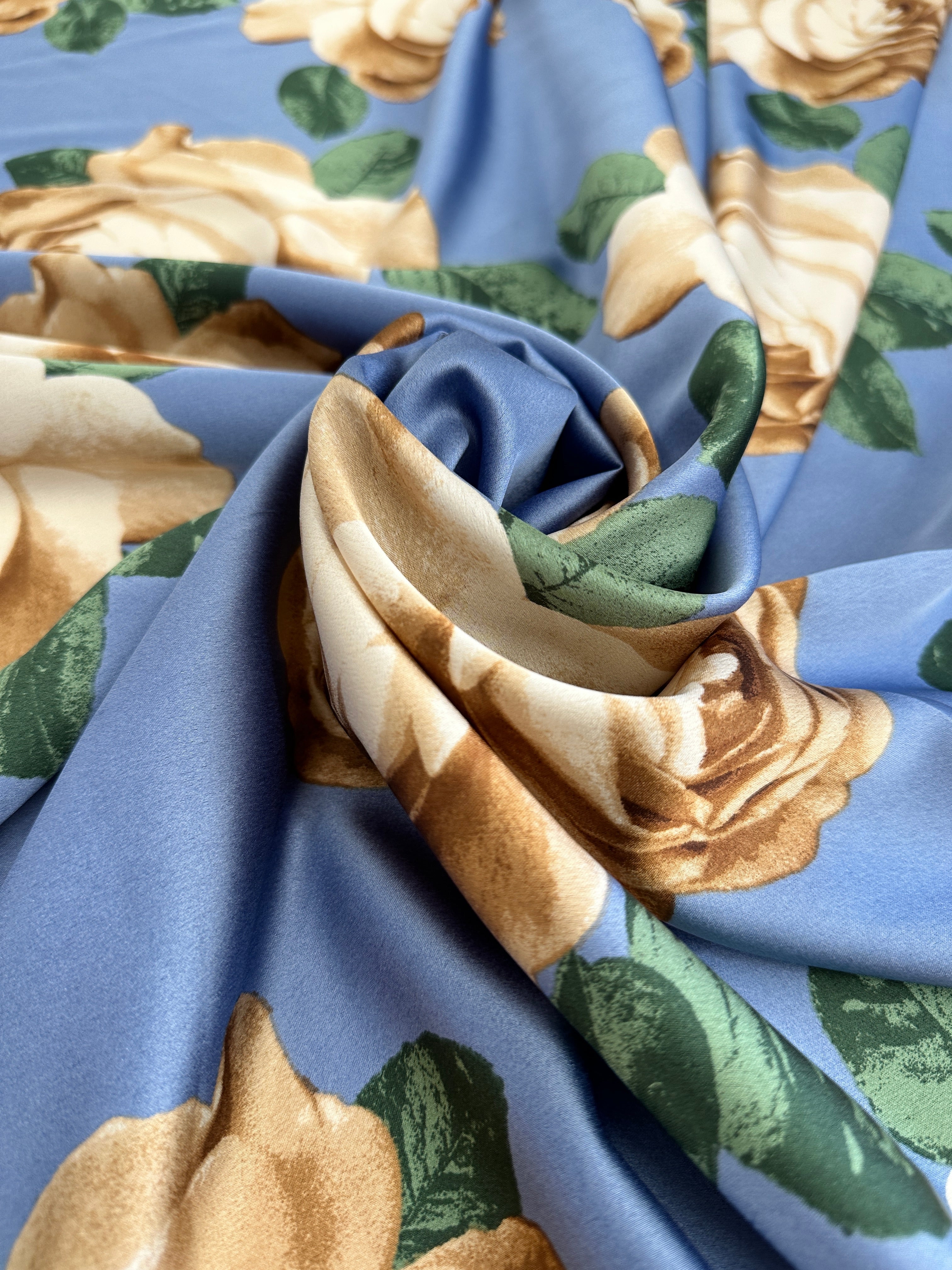 Blue/Gold Floral Print Satin, Shop Fabrics Online, Sewing, Fabric Store, Sewing Store, Cheap Fabric Store, Kiki Textiles, Textile by the Yard