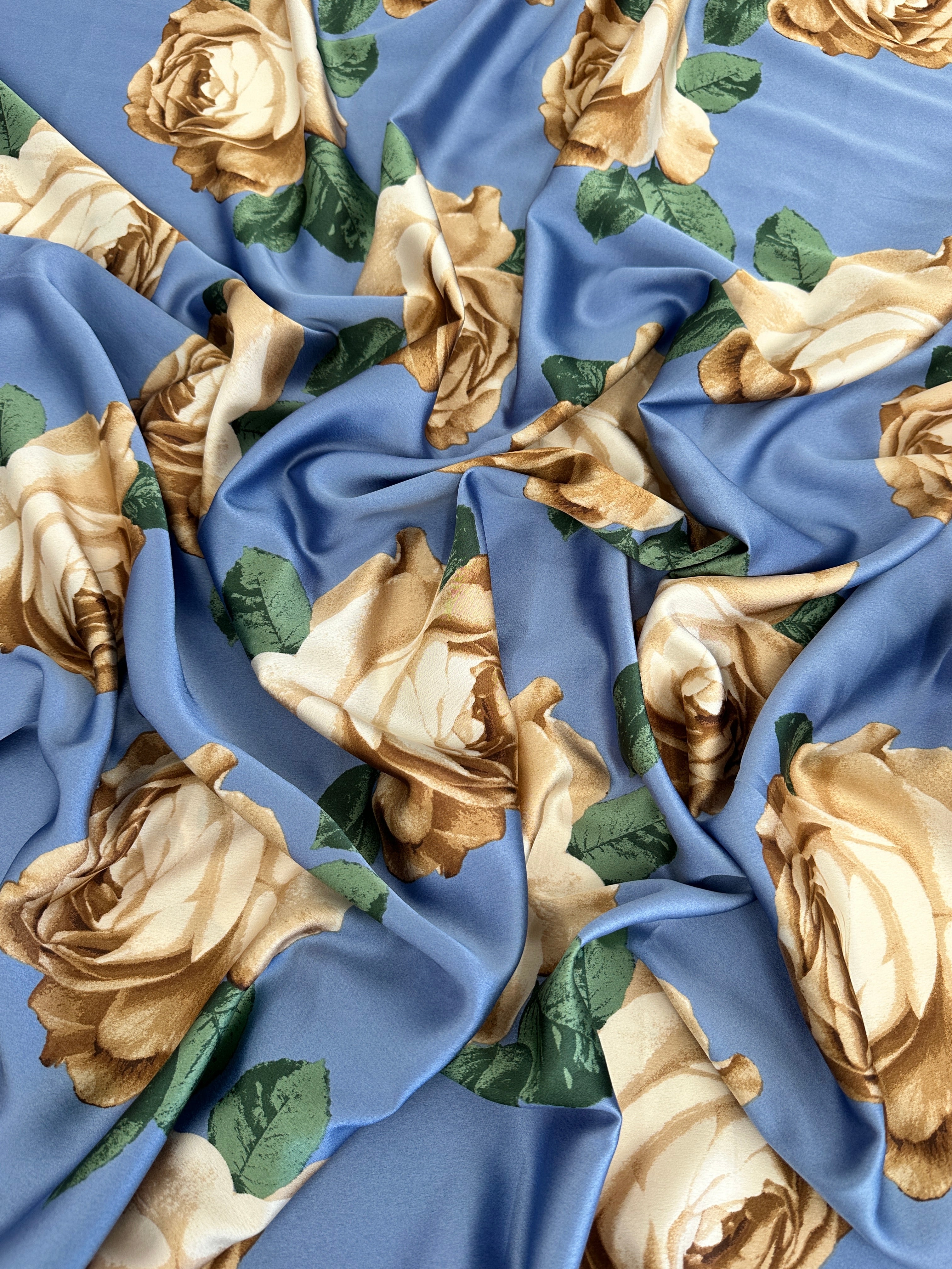 Blue/Gold Floral Print Satin, Shop Fabrics Online, Sewing, Fabric Store, Sewing Store, Cheap Fabric Store, Kiki Textiles, Textile by the Yard