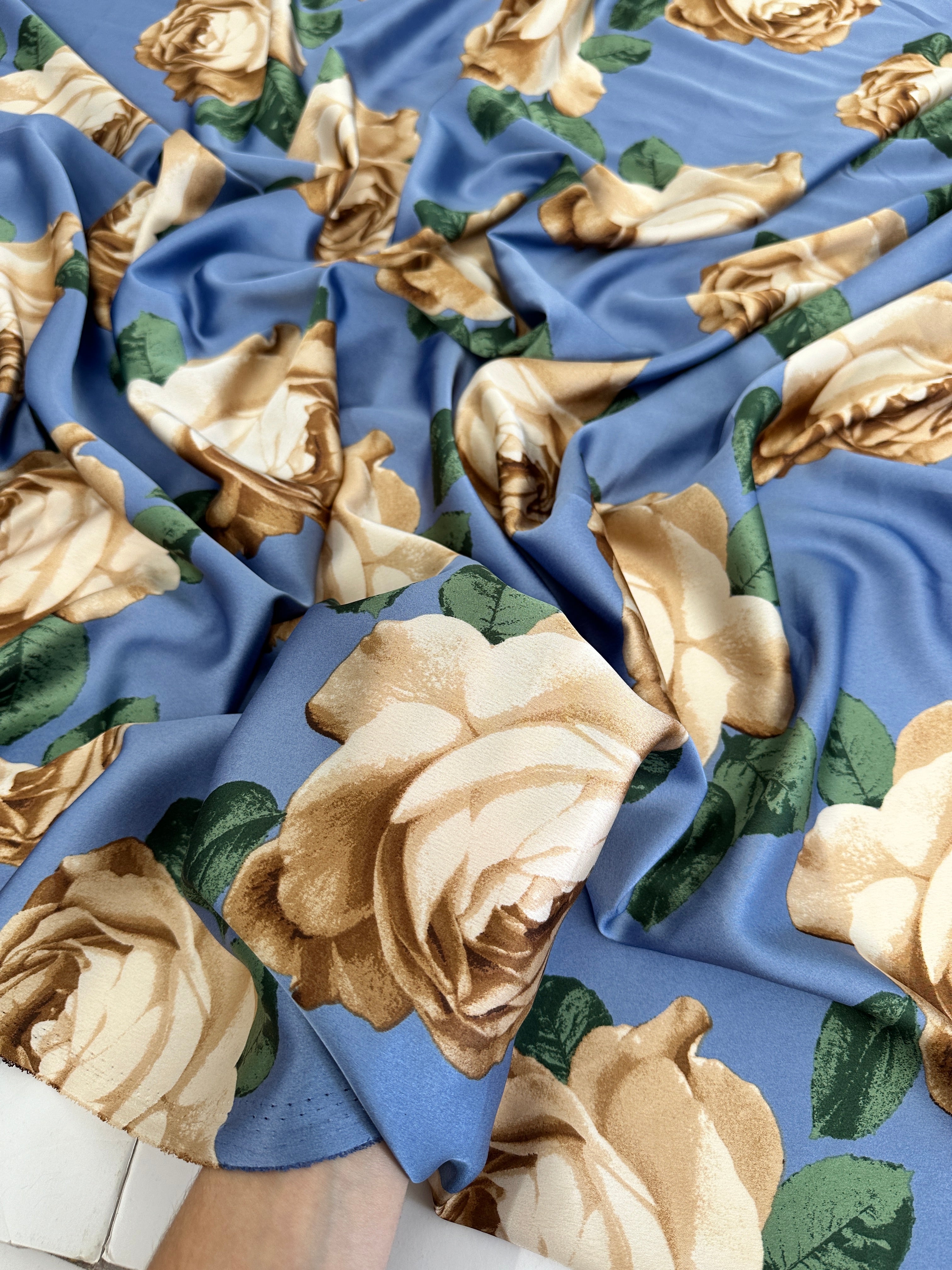 Blue/Gold Floral Print Satin, Shop Fabrics Online, Sewing, Fabric Store, Sewing Store, Cheap Fabric Store, Kiki Textiles, Textile by the Yard