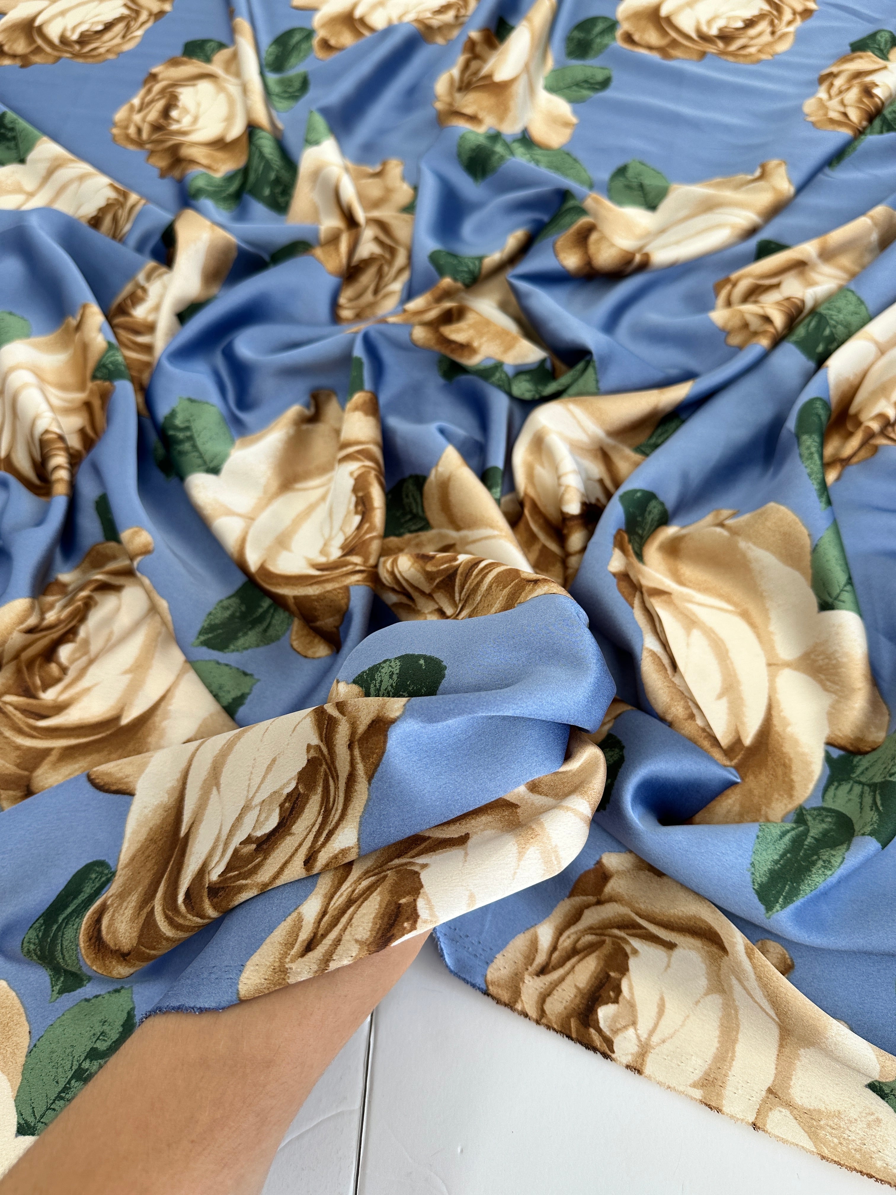 Blue/Gold Floral Print Satin, Luxury Satin, Printed Satin, Premium Satin, Satin for Bride, Satin for Women, Satin in Low Price, Cheap Satin, Satin on Sale