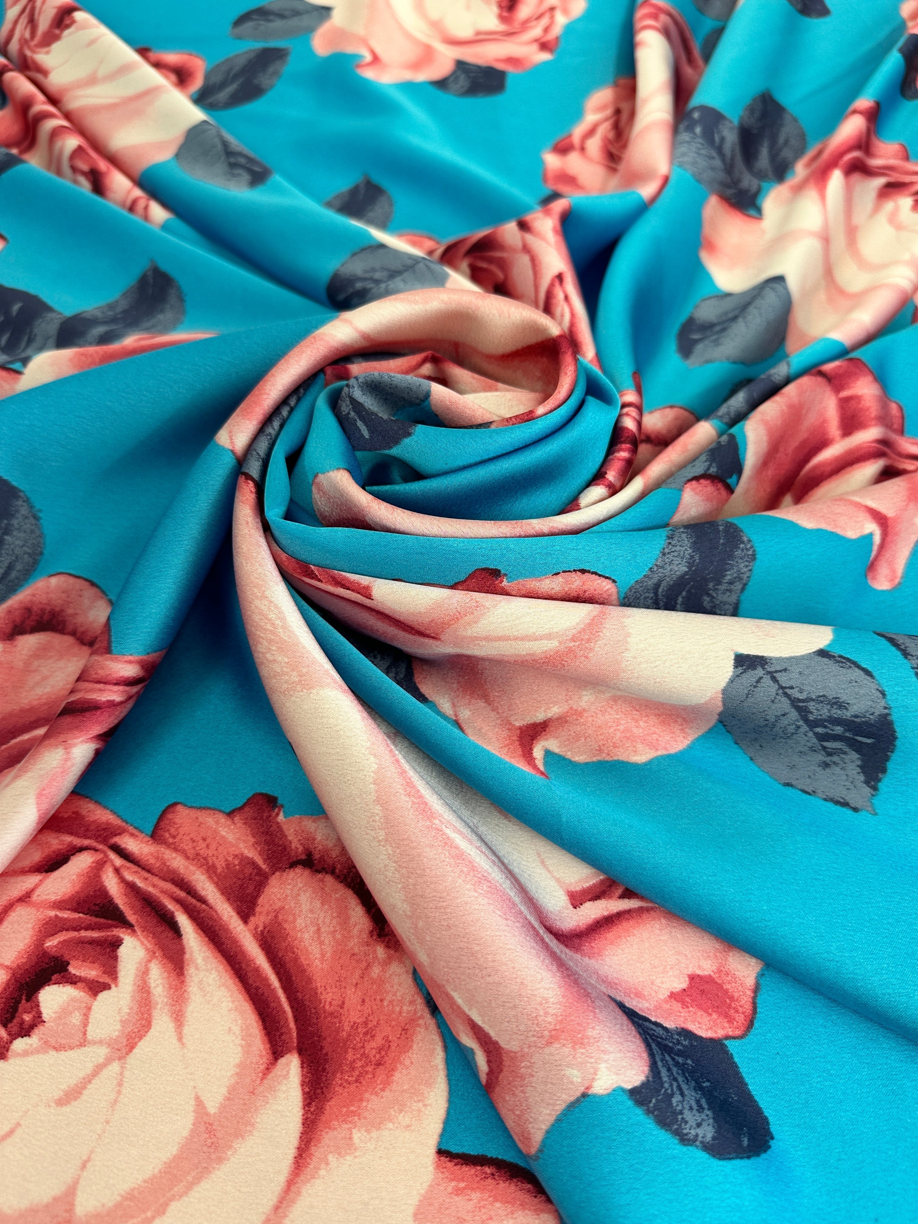 Aqua Blue Floral Print Satin, Shop Fabrics Online, Sewing, Fabric Store, Sewing Store, Cheap Fabric Store, Kiki Textiles, Textile by the Yard