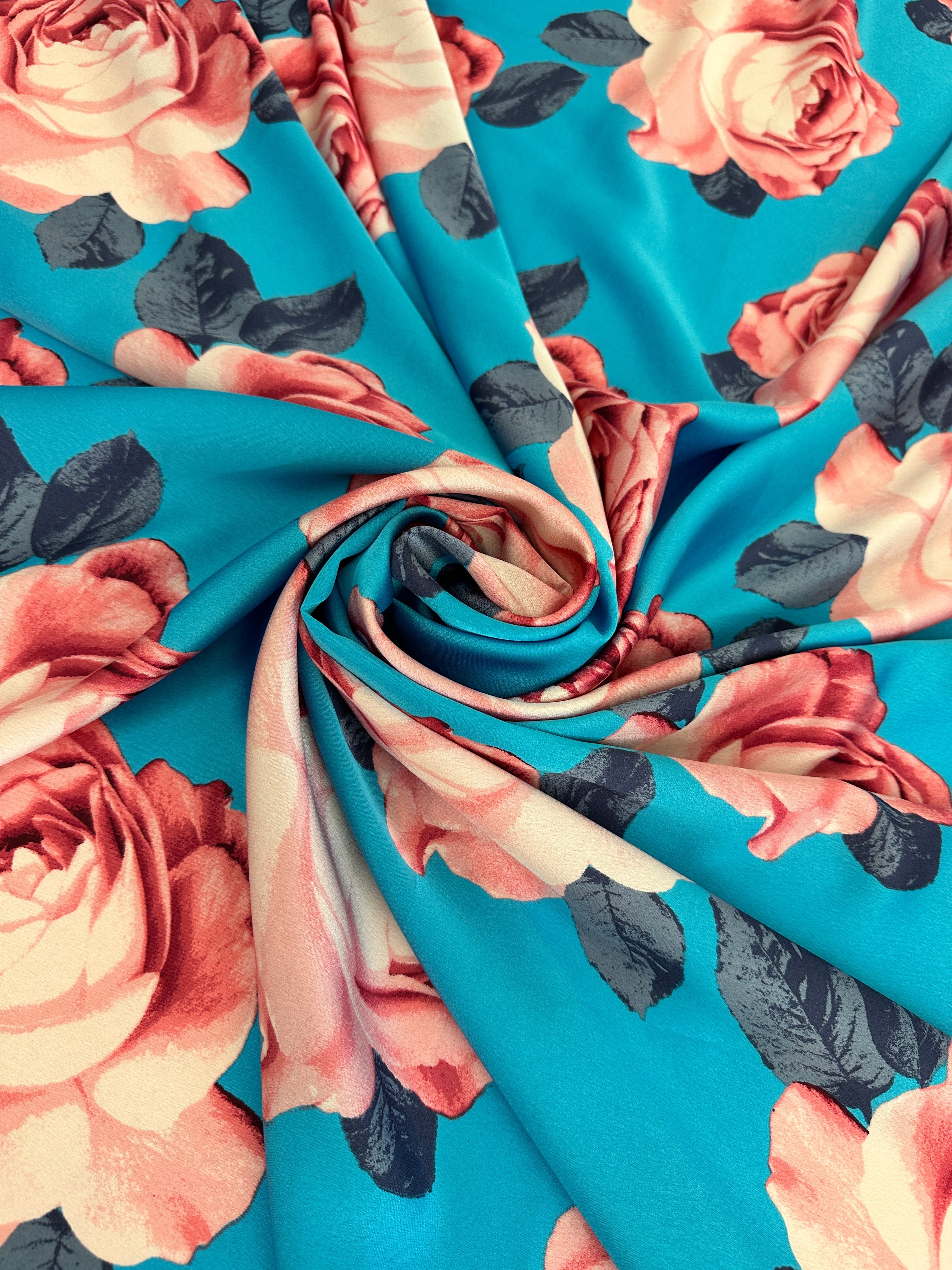 Aqua Blue Floral Print Satin, Luxury Satin, Printed Satin, Premium Satin, Satin for Bride, Satin for Women, Satin in Low Price, Cheap Satin, Satin on Sale