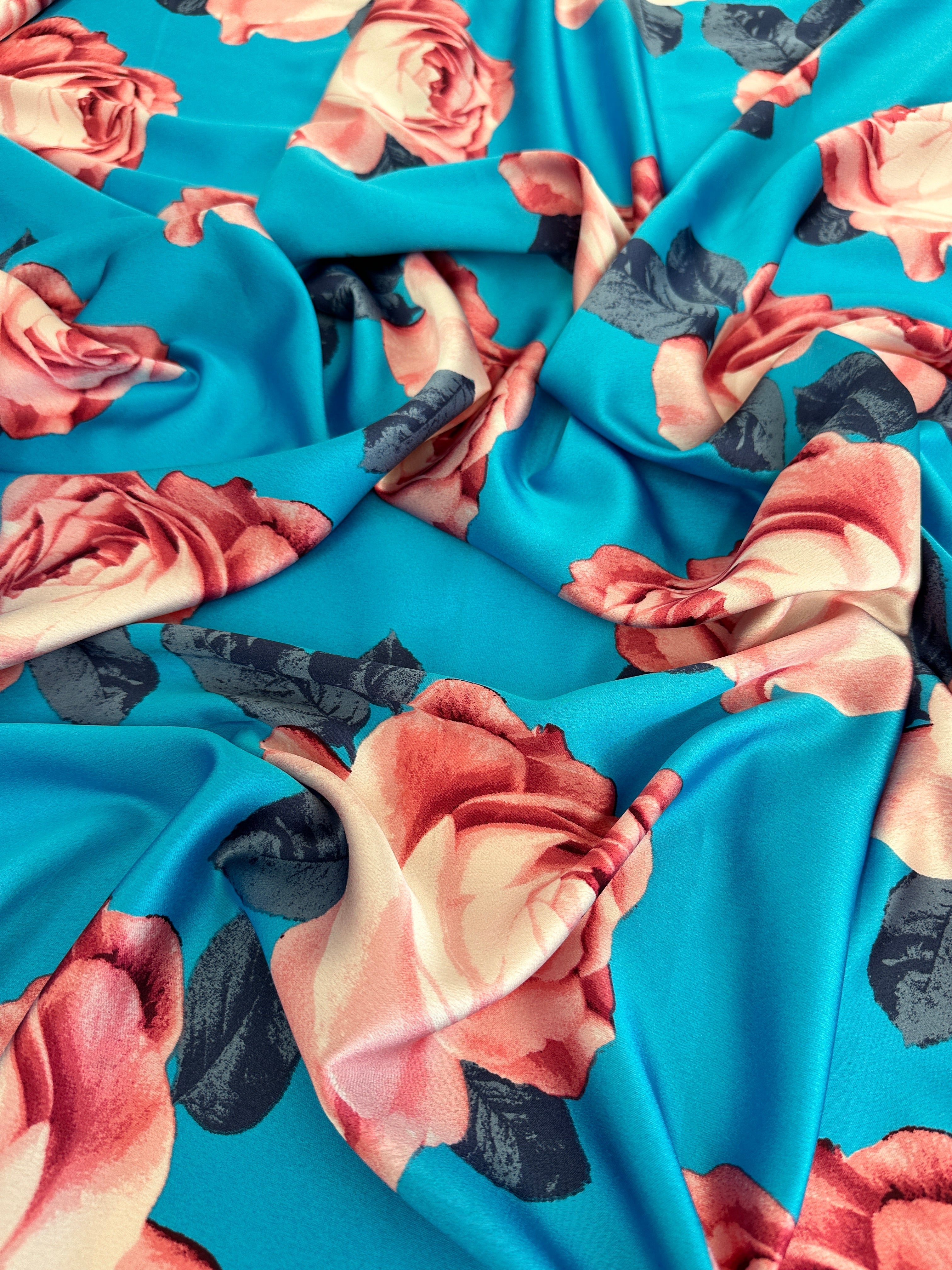 Aqua Blue Floral Print Satin, Luxury Satin, Printed Satin, Premium Satin, Satin for Bride, Satin for Women, Satin in Low Price, Cheap Satin, Satin on Sale