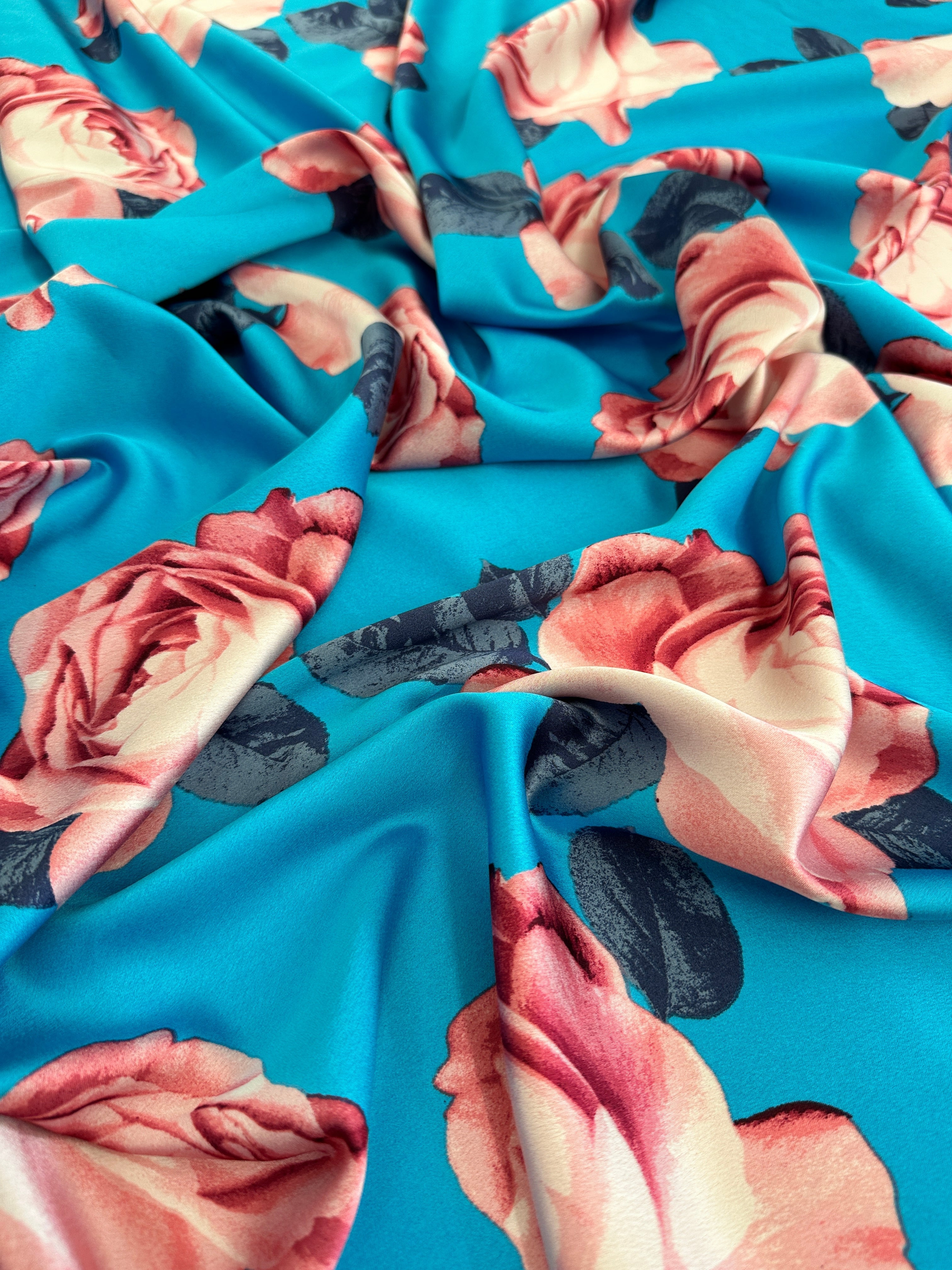 Aqua Blue Floral Print Satin, Shop Fabrics Online, Sewing, Fabric Store, Sewing Store, Cheap Fabric Store, Kiki Textiles, Textile by the Yard