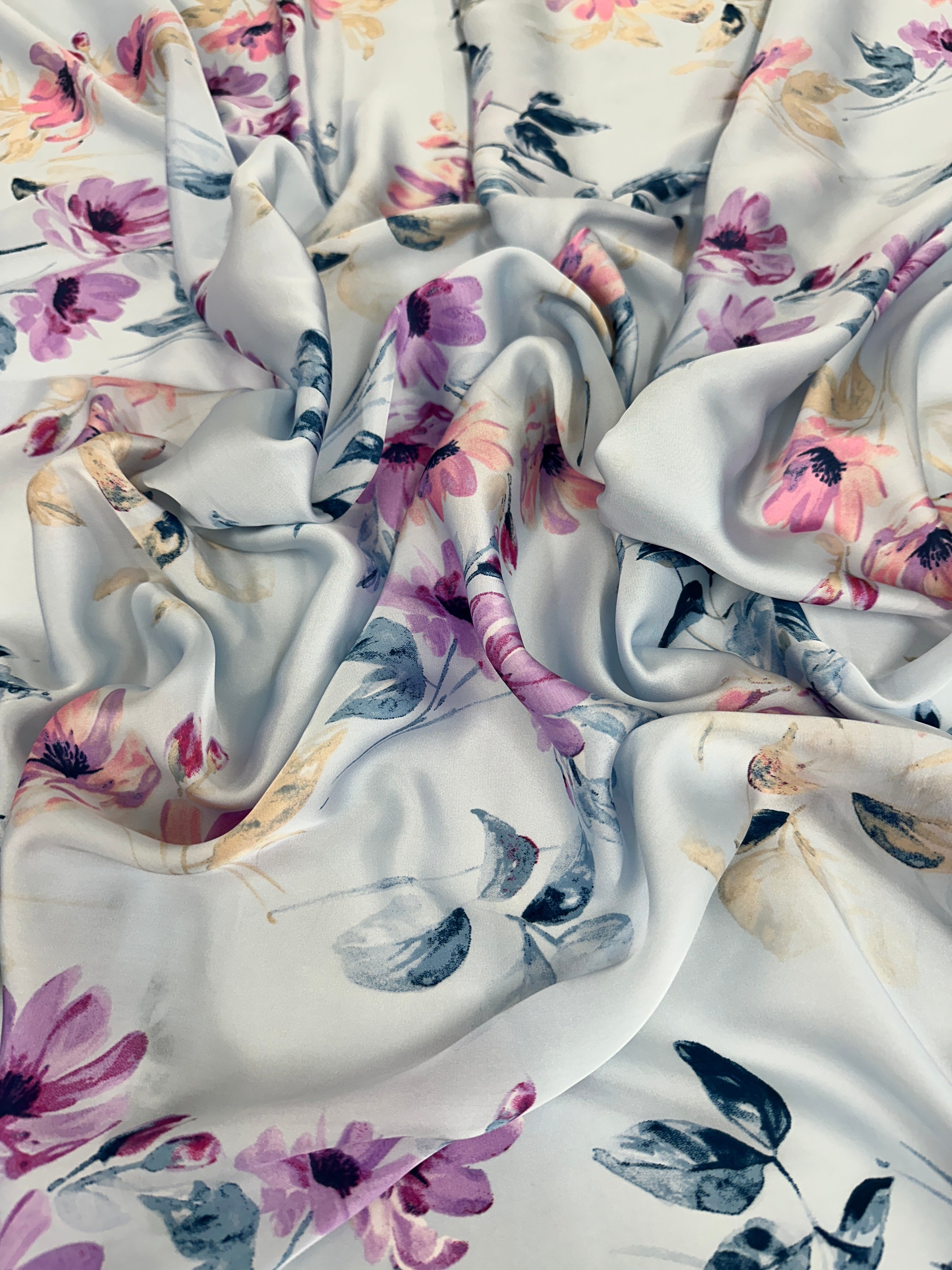 Baby Blue Floral Print Satin, Luxury Satin, Printed Satin, Premium Satin, Satin for Bride, Satin for Women, Satin in Low Price, Cheap Satin, Satin on Sale