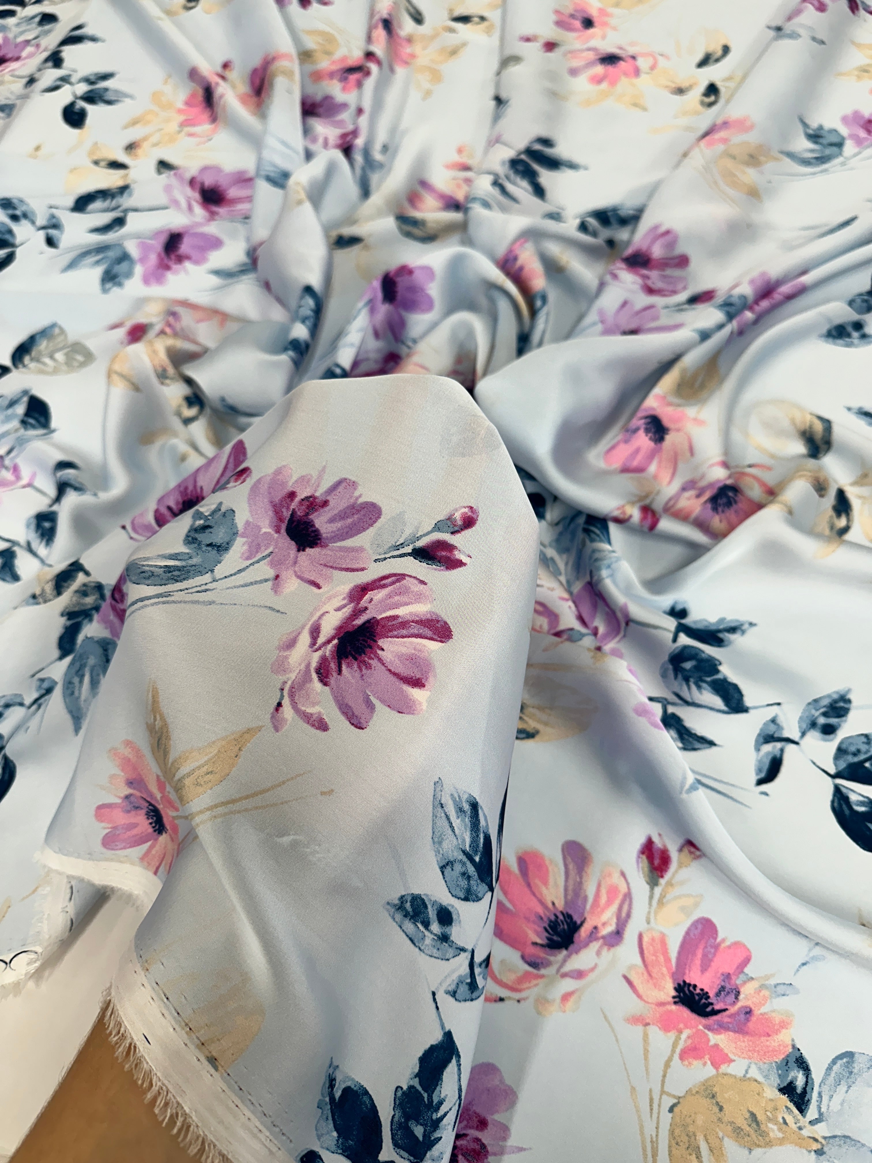 Baby Blue Floral Print Satin, Luxury Satin, Printed Satin, Premium Satin, Satin for Bride, Satin for Women, Satin in Low Price, Cheap Satin, Satin on Sale