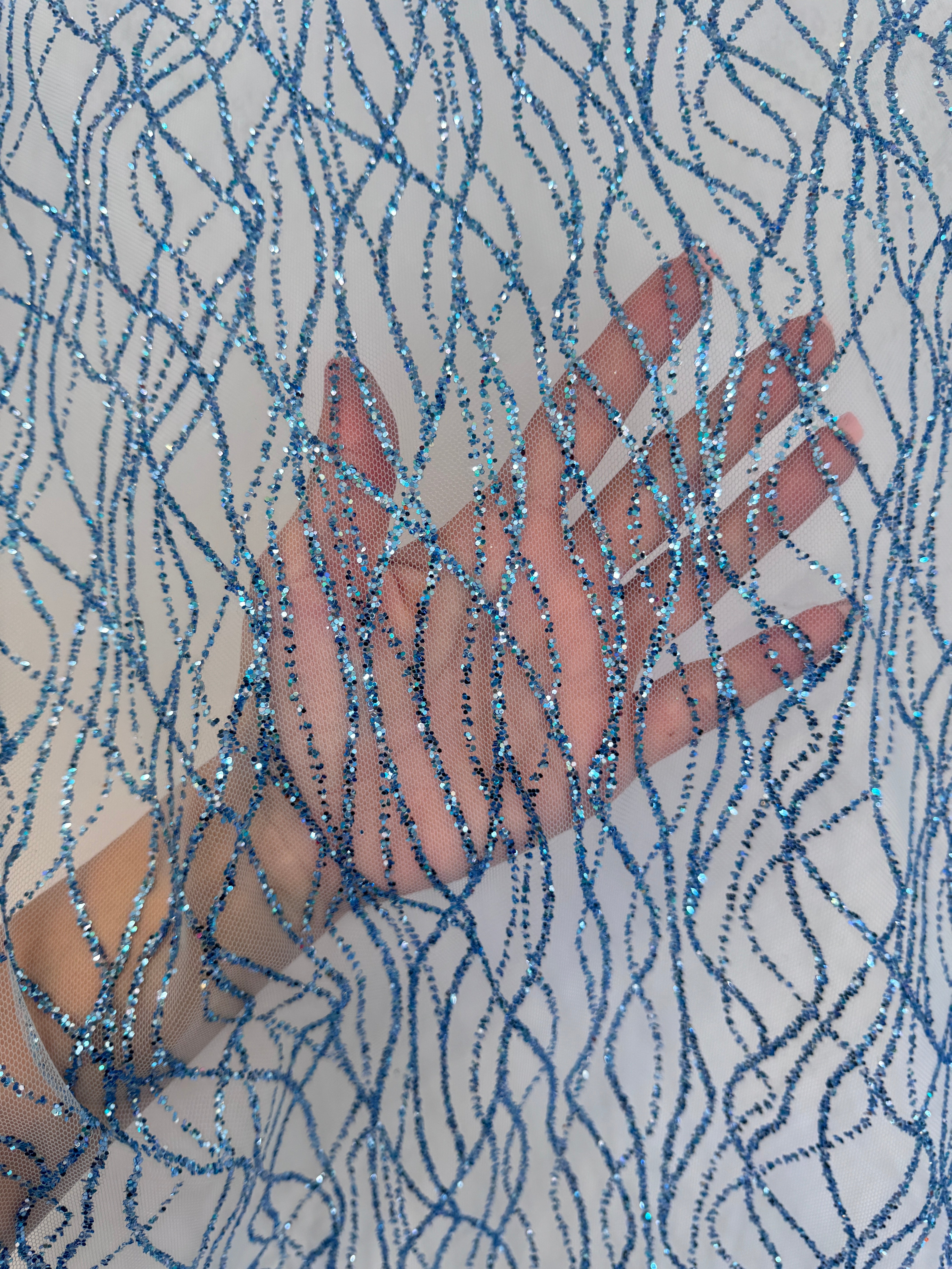 Baby Blue Glitter Lace on Mesh, shop fabrics online, sewing, fabric store, sewing store, cheap fabric store, kiki textiles, textile by the yard