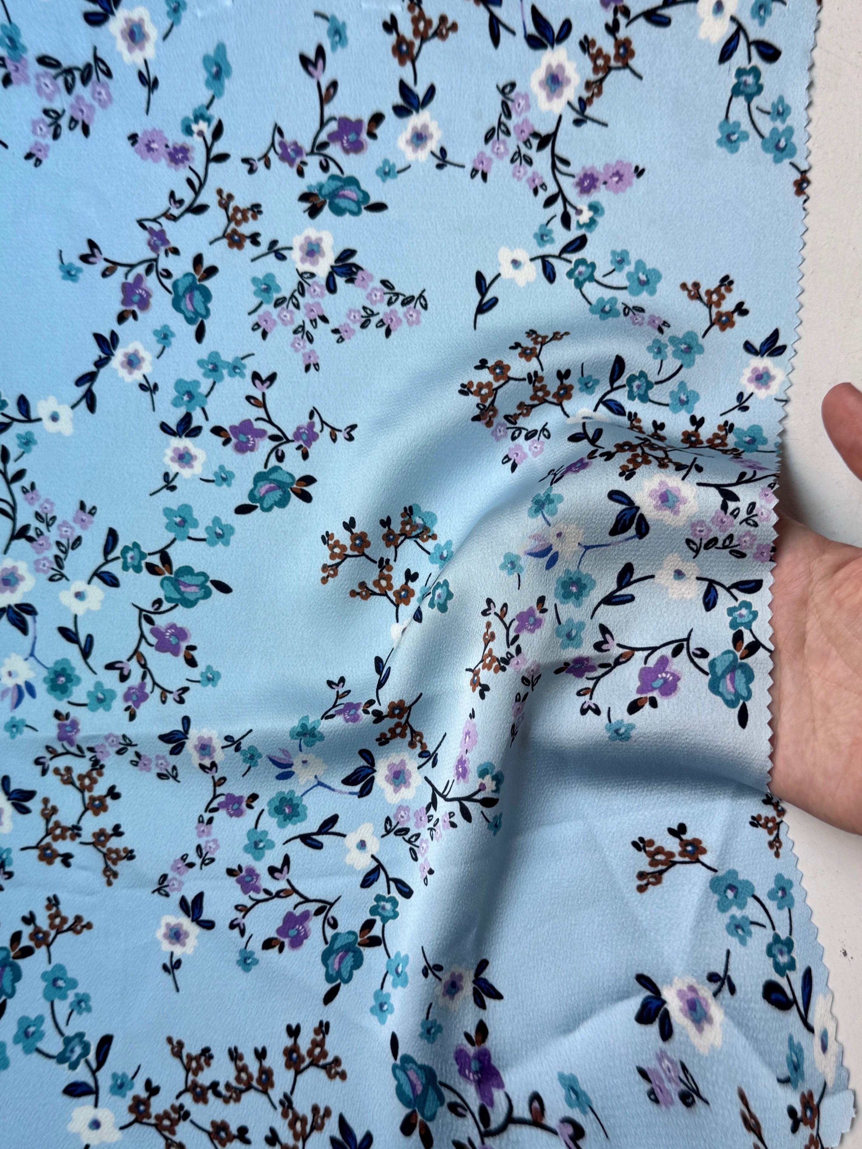 Baby Blue Floral Print Satin, blue floral print Satin, rose Printed Satin, best quality Printed Satin, Printed Satin for bridal wear, Printed Satin for party wear, Printed Satin in low price, premium Printed Satin