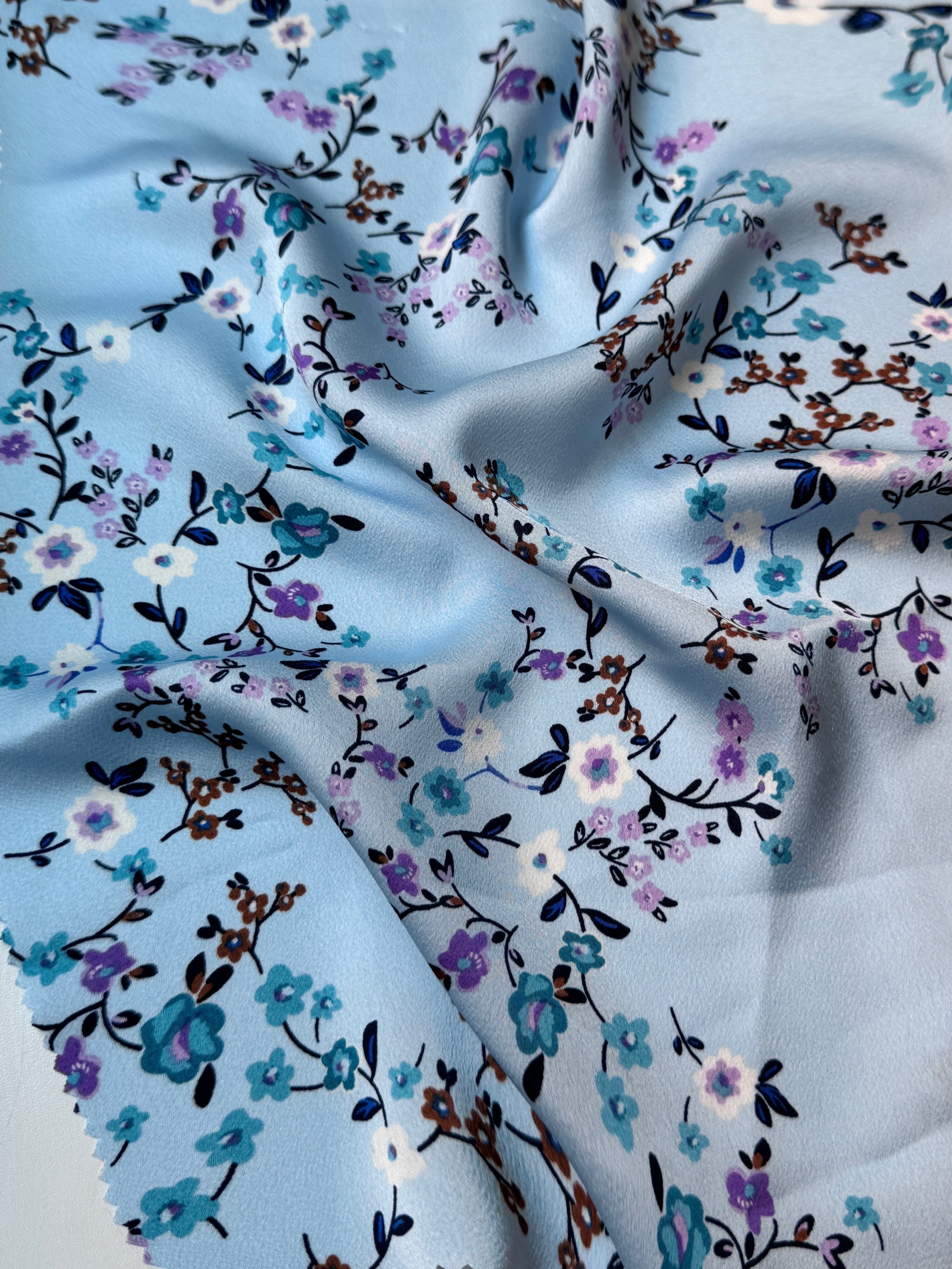 Baby Blue Floral Print Satin, blue floral print Satin, rose Printed Satin, best quality Printed Satin, Printed Satin for bridal wear, Printed Satin for party wear, Printed Satin in low price, premium Printed Satin