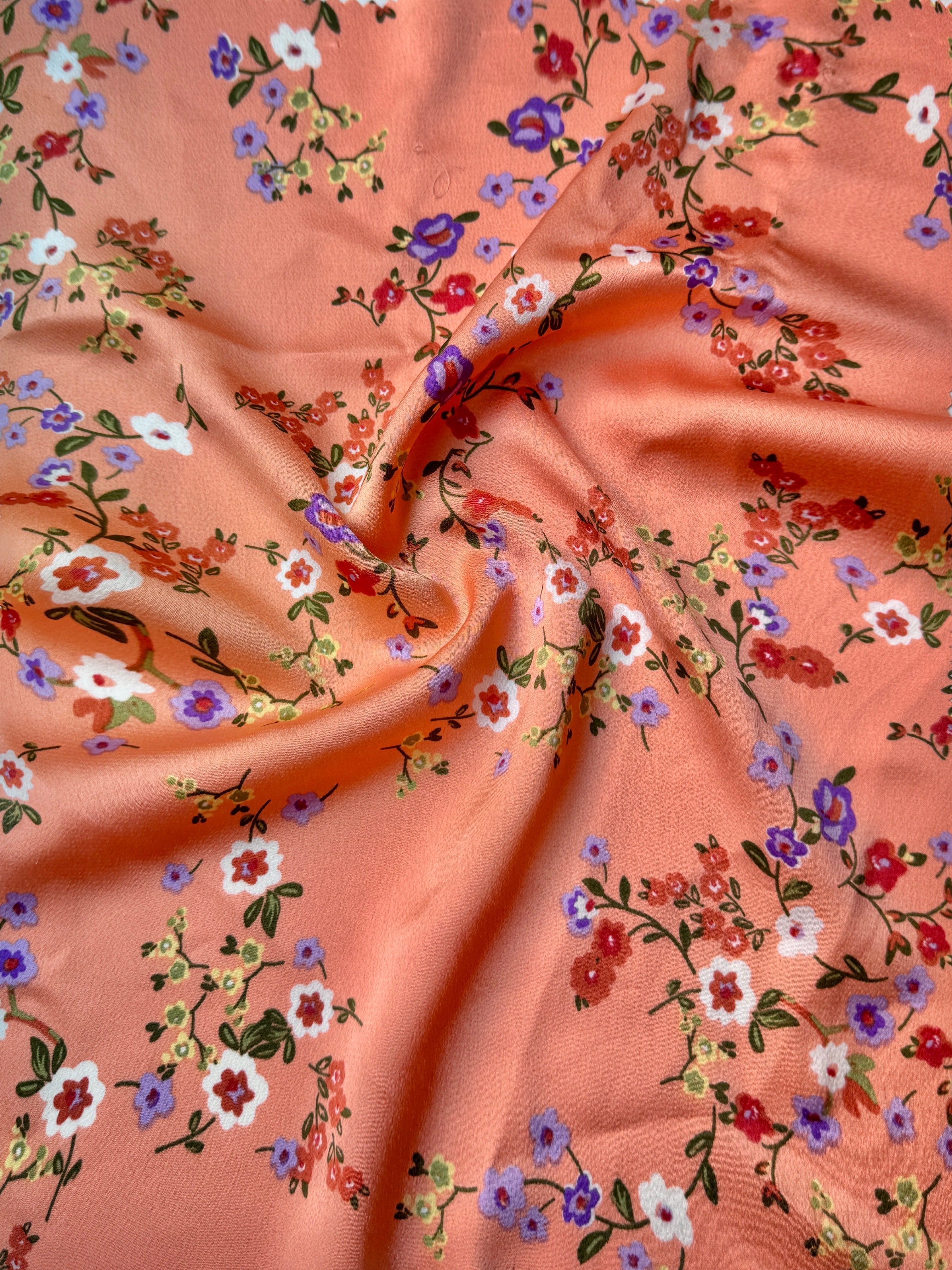 orange Floral Print Satin, light orange floral print Satin, rose Printed Satin, best quality Printed Satin, Printed Satin for bridal wear, Printed Satin for party wear, Printed Satin in low price, premium Printed Satin