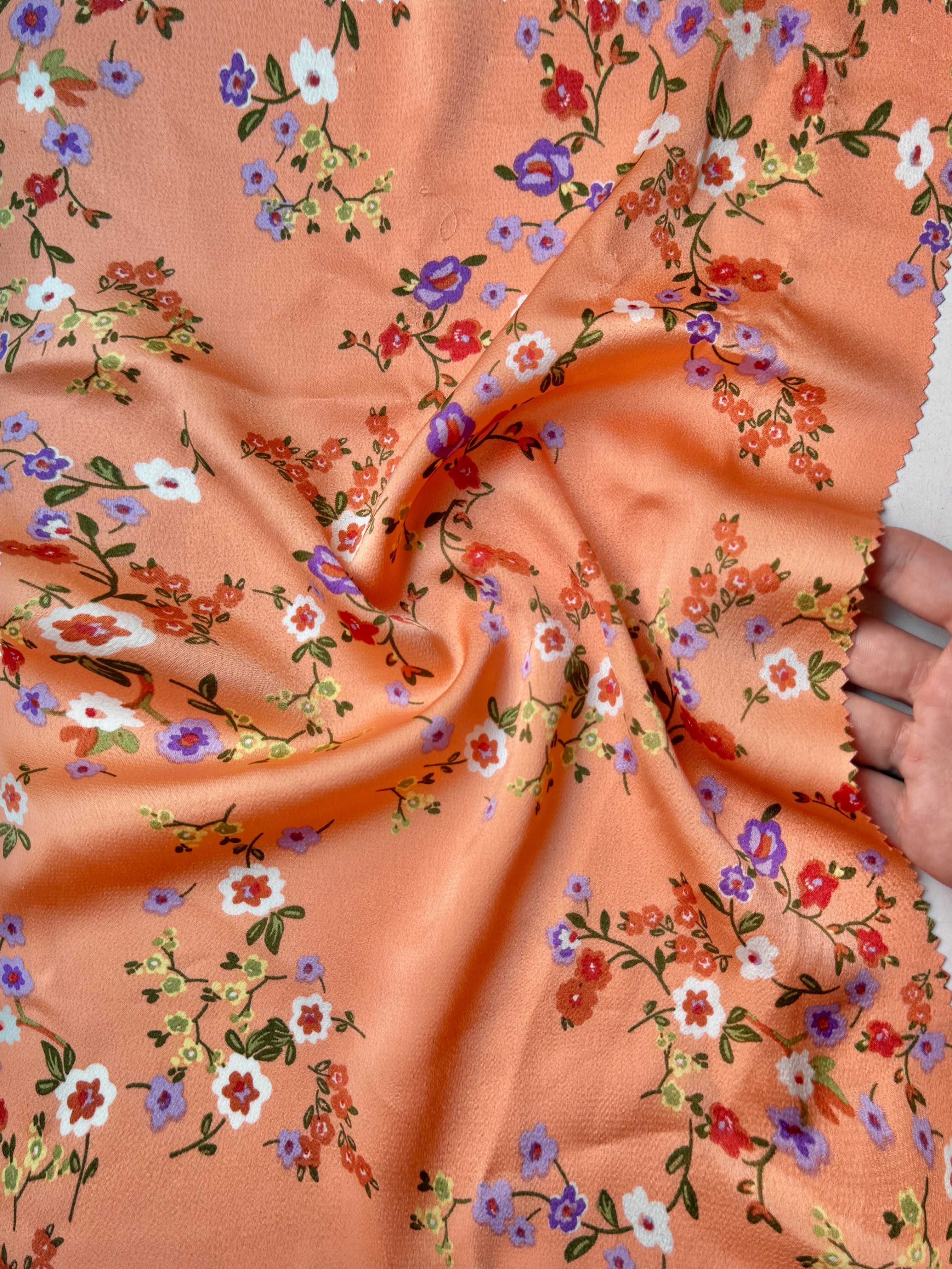 orange Floral Print Satin, light orange floral print Satin, rose Printed Satin, best quality Printed Satin, Printed Satin for bridal wear, Printed Satin for party wear, Printed Satin in low price, premium Printed Satin