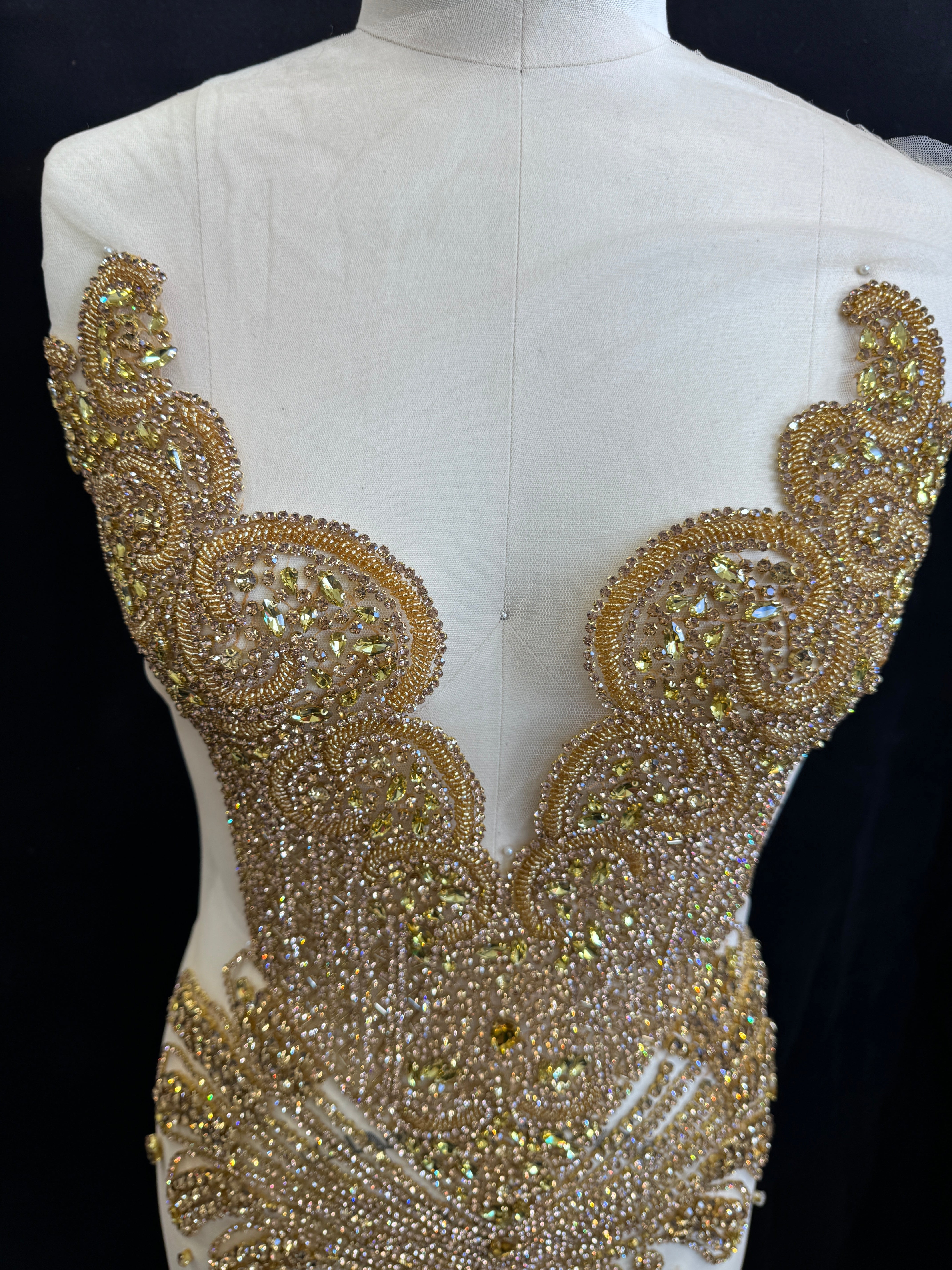 Carla Gold Rhinestone Bodice Applique, gold rhinestone, dark gold rhinestone, light gold rhinestone,  