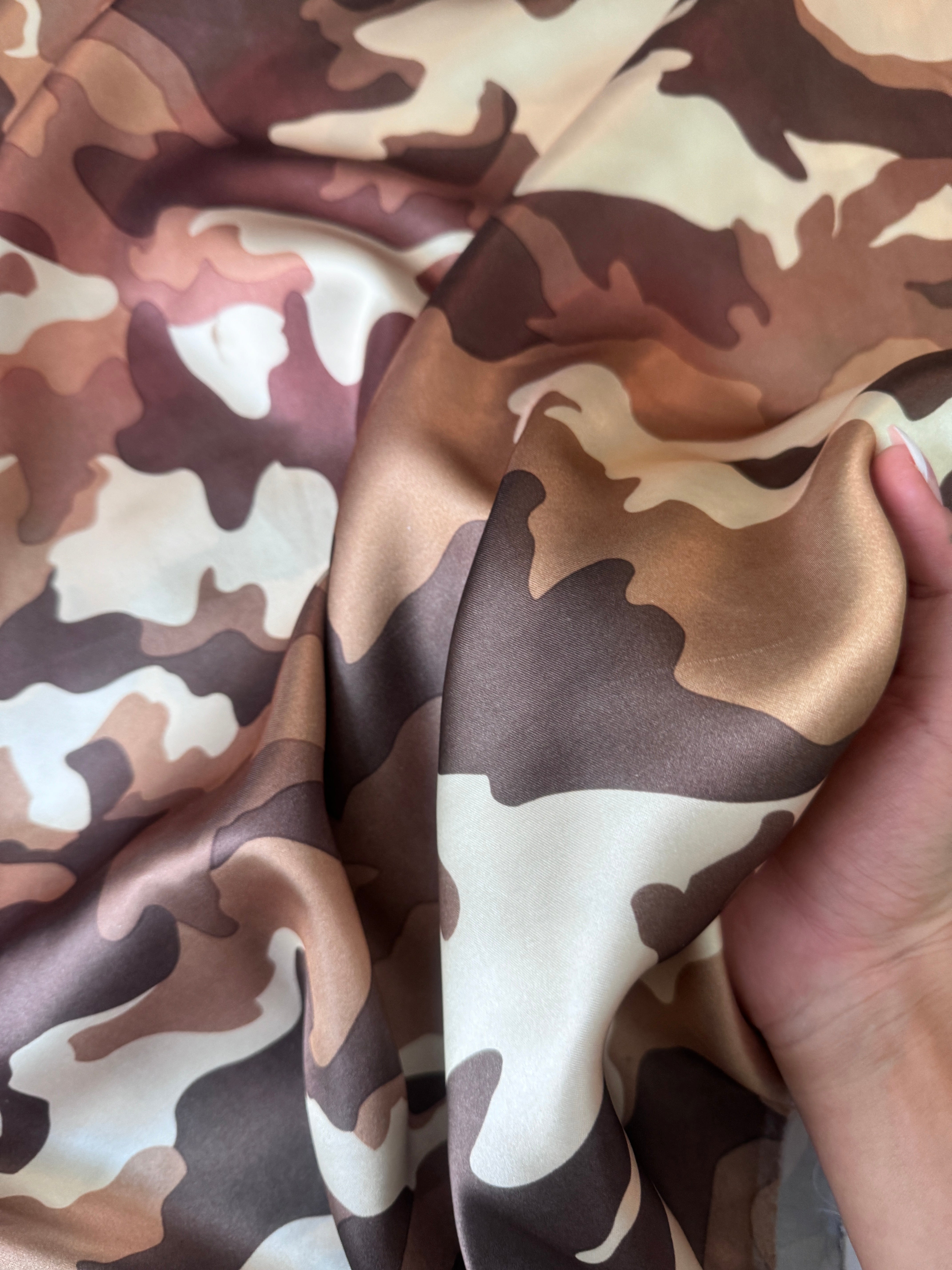 Khaki Camouflage Army Satin, Khaki Camouflage satin, Khaki satin, premium stretch crepe back satin, satin for bride, satin for woman, satin in low price, cheap satin, satin on sale