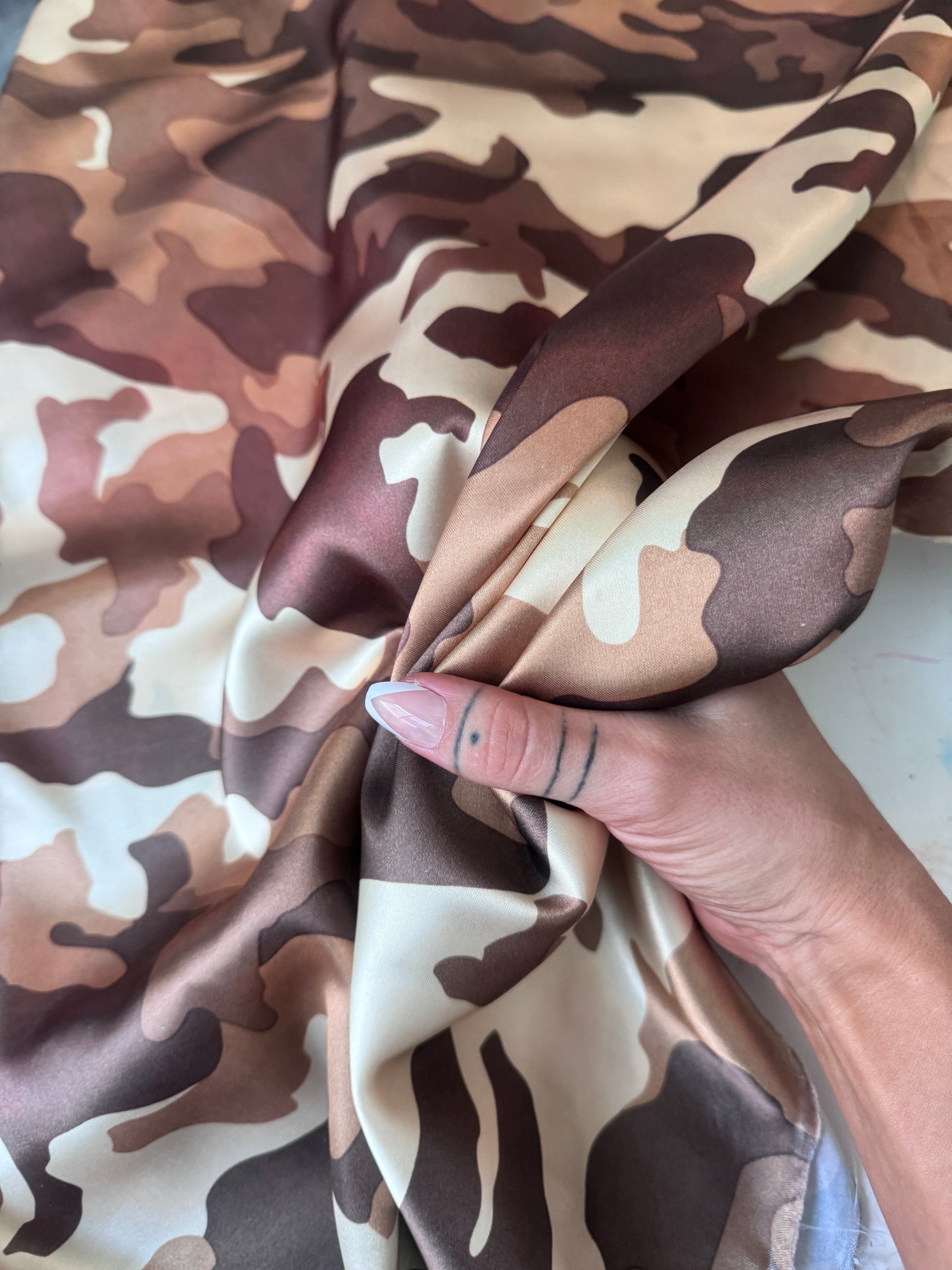 Khaki Camouflage Army Satin, shop fabrics online, sewing, fabric store, sewing store, cheap fabric store, kiki textiles, textile by the yard