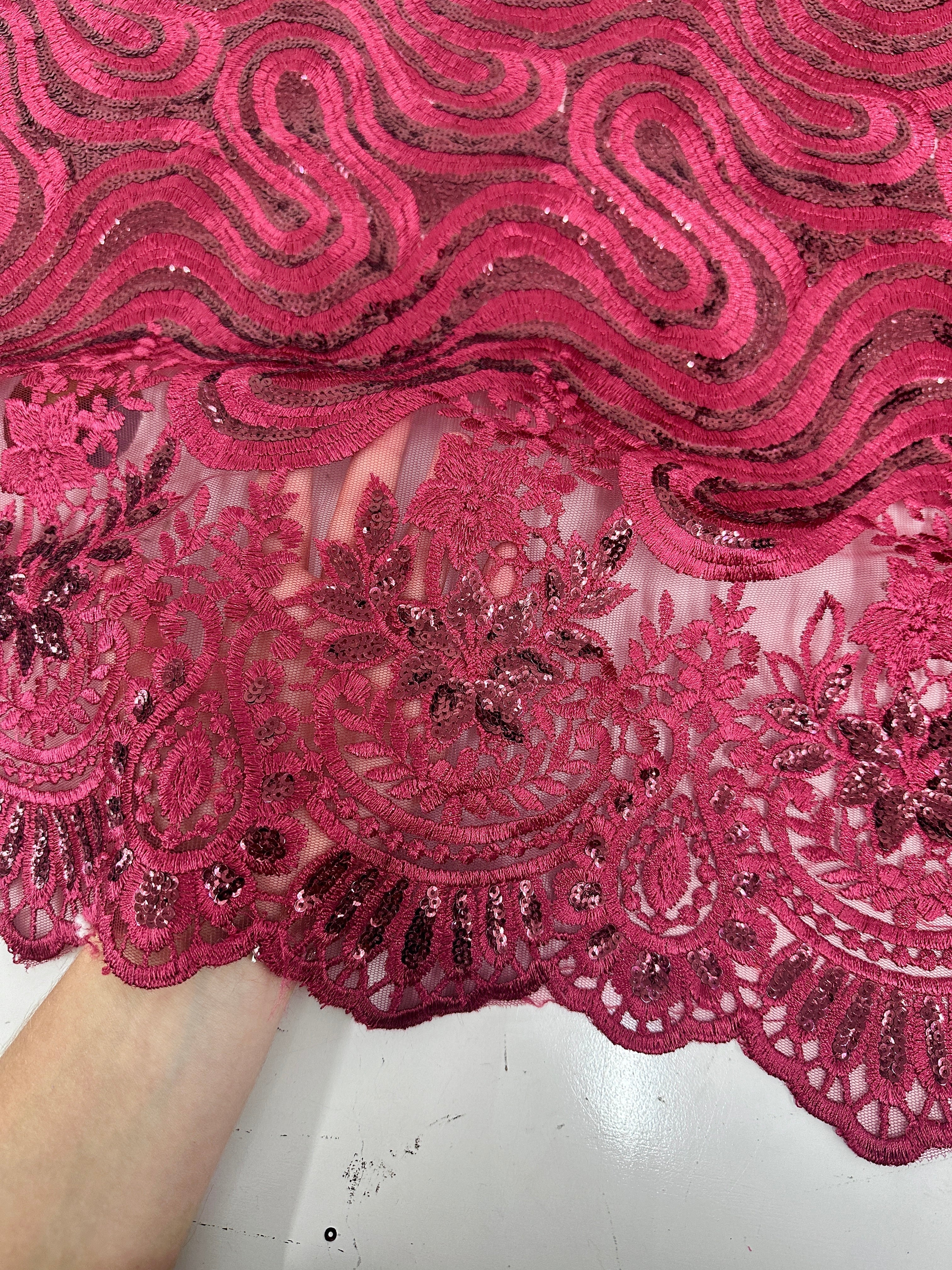 Red Wine Embroidered Sequin Scalloped Lace, Shop Fabrics Online, Sewing, Fabric Store, Sewing Store, Cheap Fabric Store, Kiki Textiles, Textile by the Yard