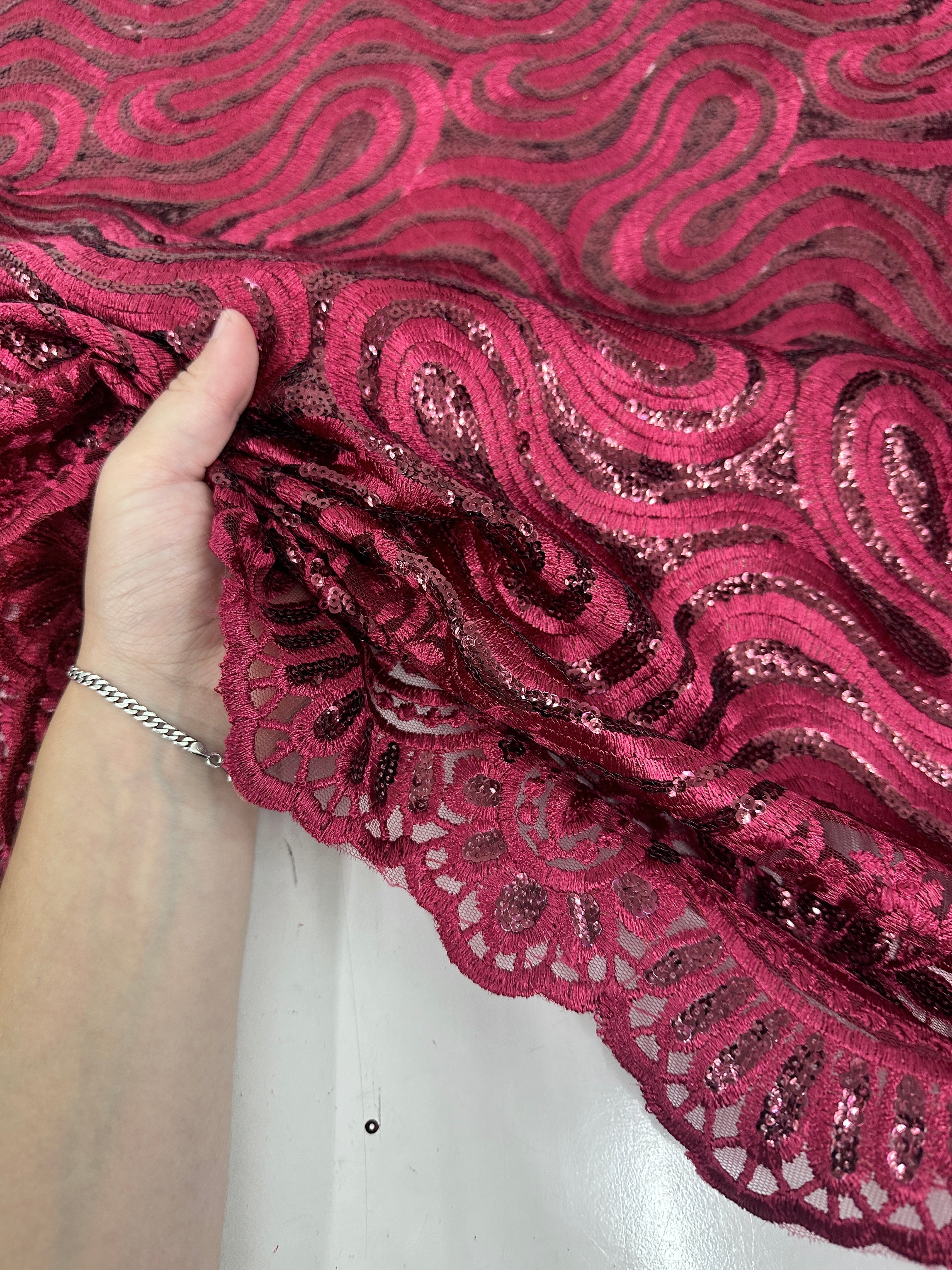 Red Wine Embroidered Sequin Scalloped Lace, Shop Fabrics Online, Sewing, Fabric Store, Sewing Store, Cheap Fabric Store, Kiki Textiles, Textile by the Yard