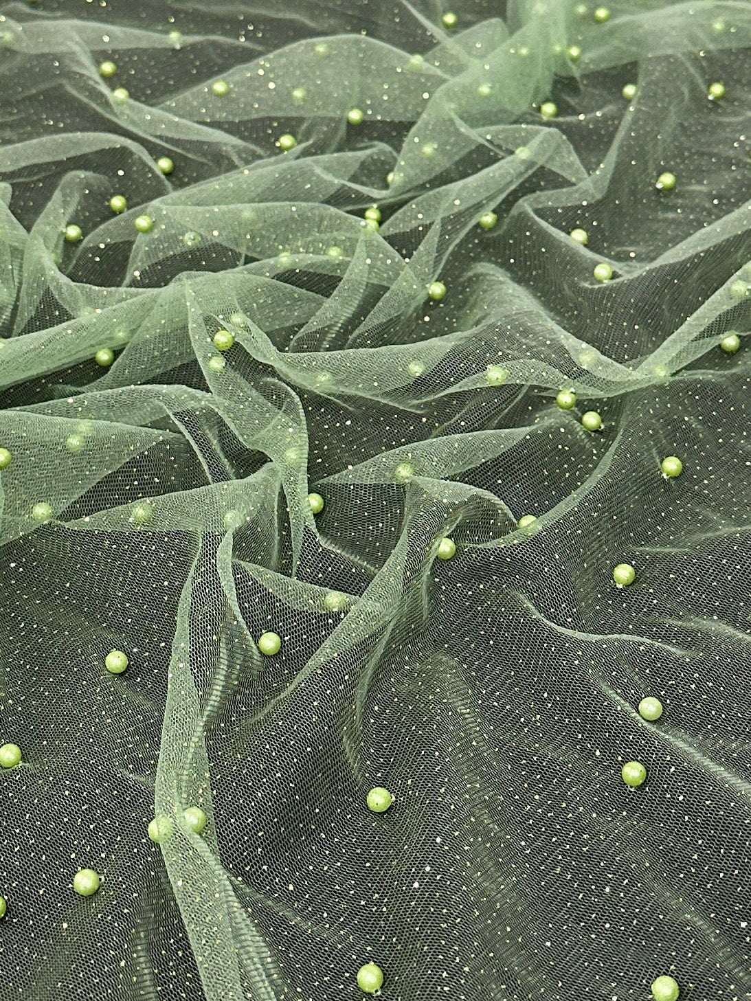 Apple Green Glittery Pearl Tulle, Beaded Mesh, Pearl Beaded Lace, Tulle for Wedding Dress, Pearl Material, Tulle Fabric, Tulle Dress Woman