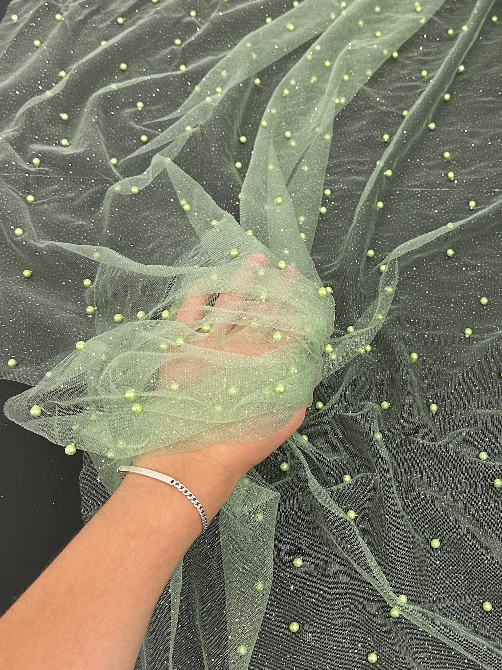 Apple Green Glittery Pearl Tulle, Beaded Mesh, Pearl Beaded Lace, Tulle for Wedding Dress, Pearl Material, Tulle Fabric, Tulle Dress Woman