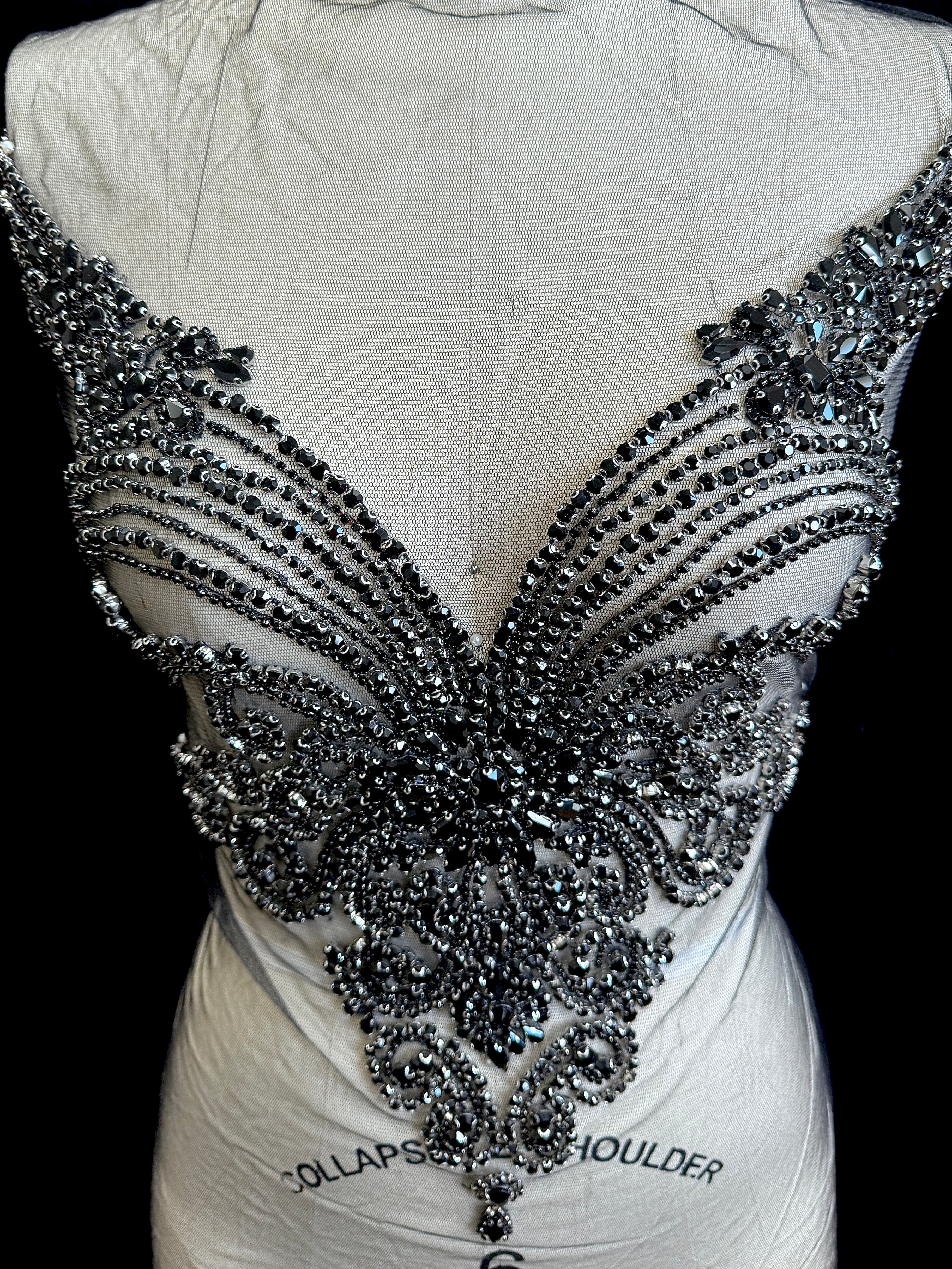 amy black Rhinestone Bodice Applique, black rhinestone, dark black rhinestone, dark gray rhinestone,