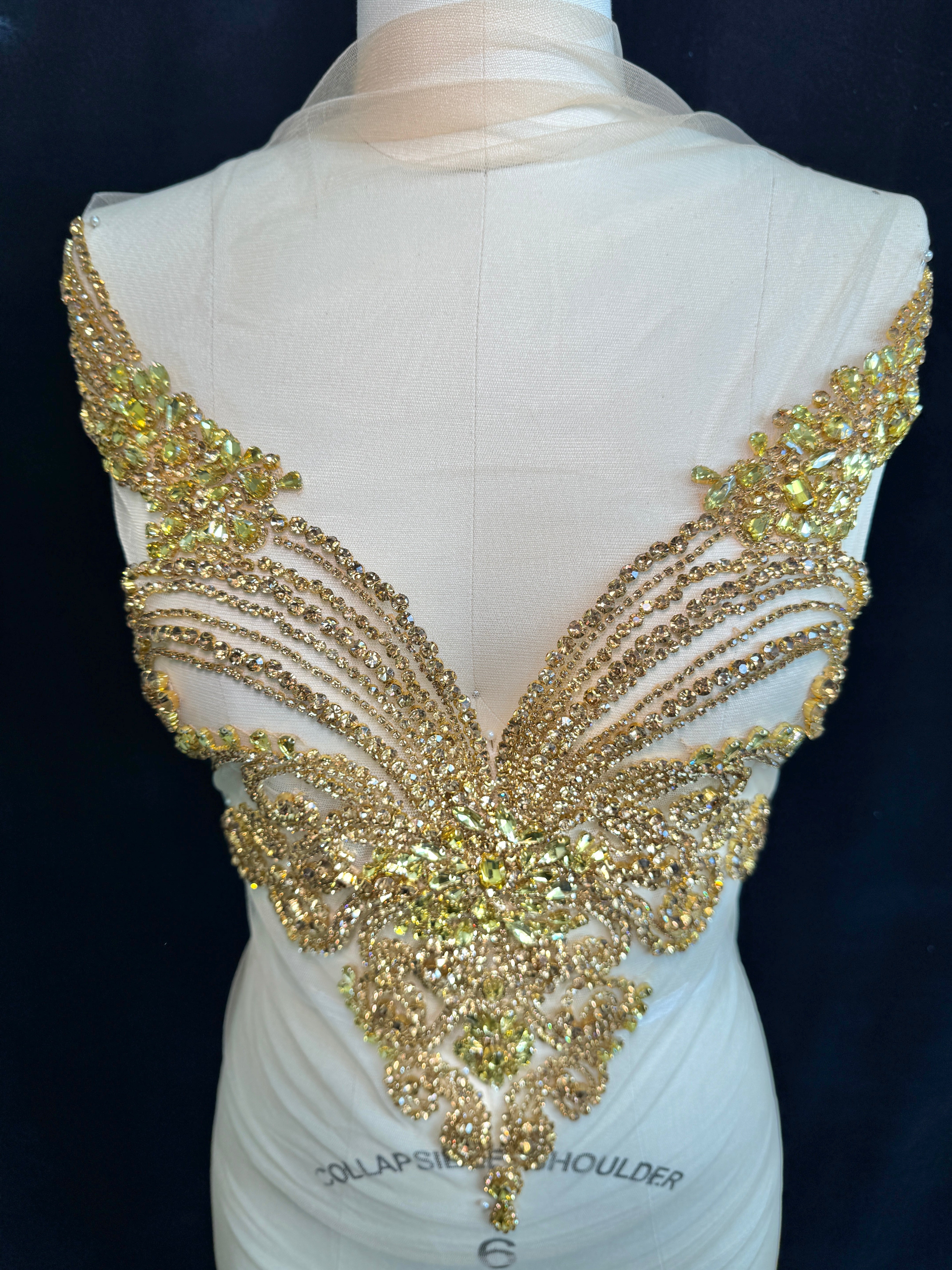 amy gold iridescent Bodice Applique, dusty gold rhinestone, gold rhinestone, light gold rhinestone