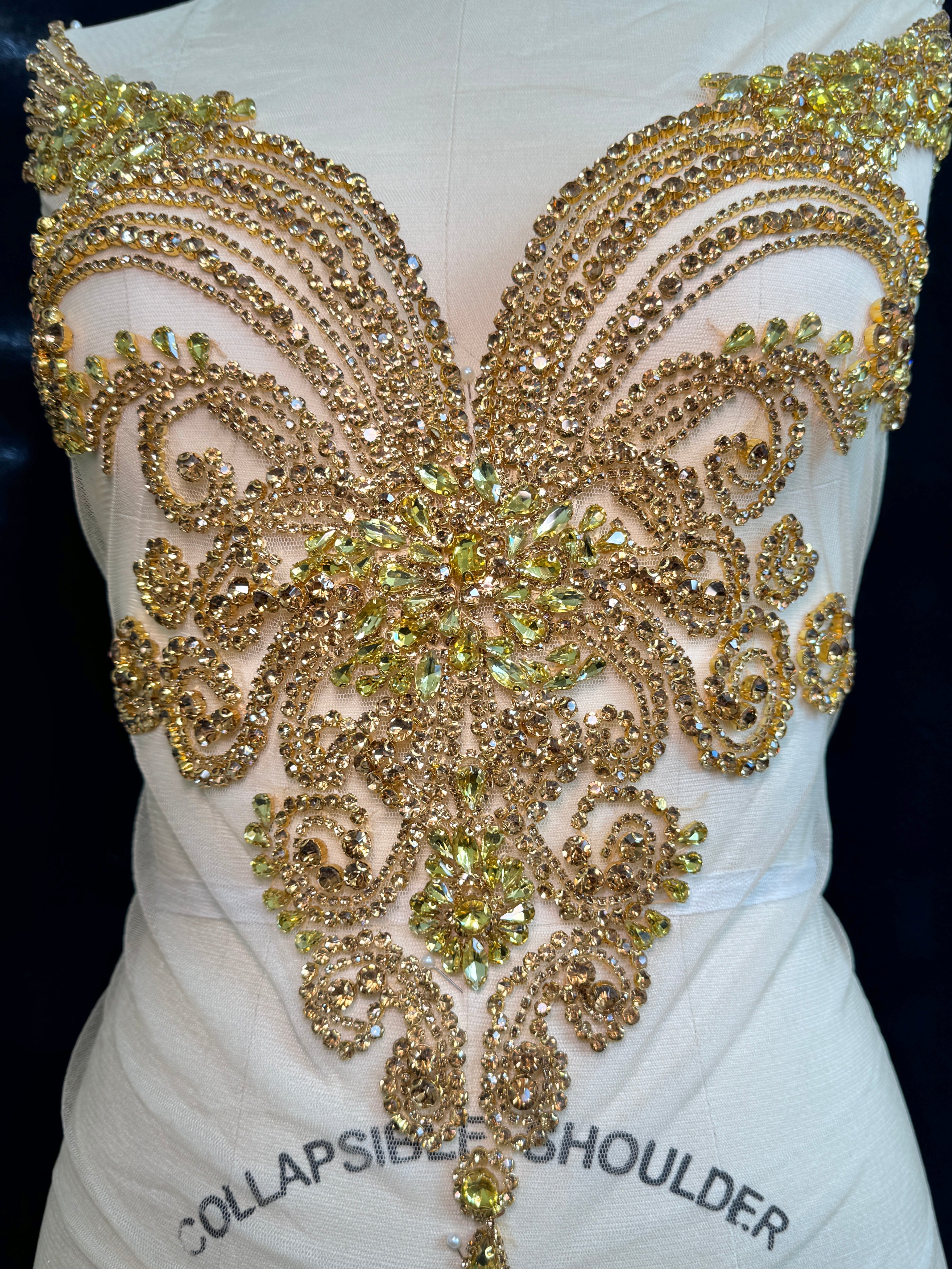 amy gold iridescent Bodice Applique, dusty gold rhinestone, gold rhinestone, light gold rhinestone