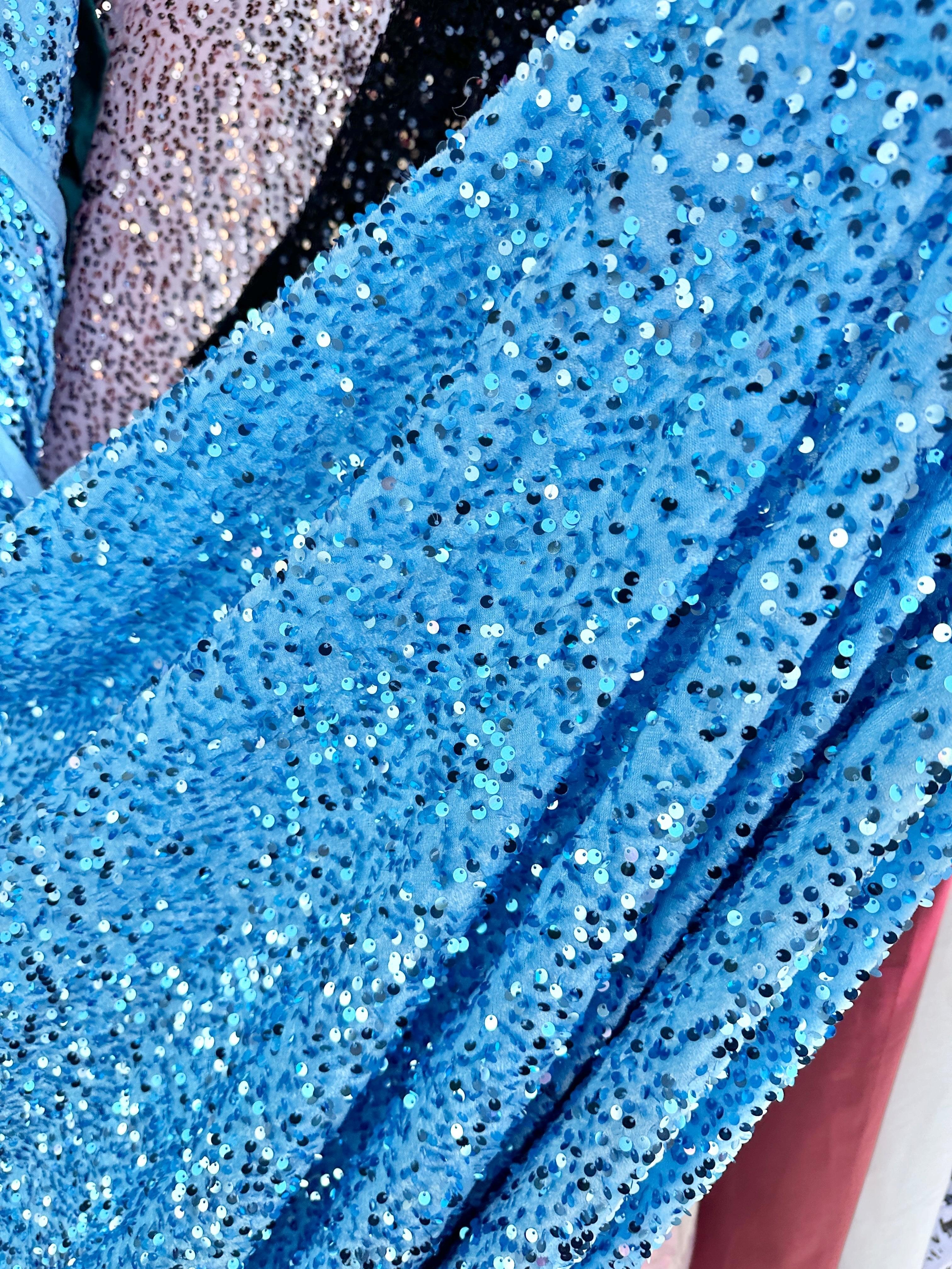  baby blue sequin on Velvet, velvet cloth, blue velvet, sequin stretch velvet, velvet for gown, stretch velvet, velvet fabric with sequin, solid velvet, light blue sequin fabric, sequin fabric for gown, 4 way stretch velvet