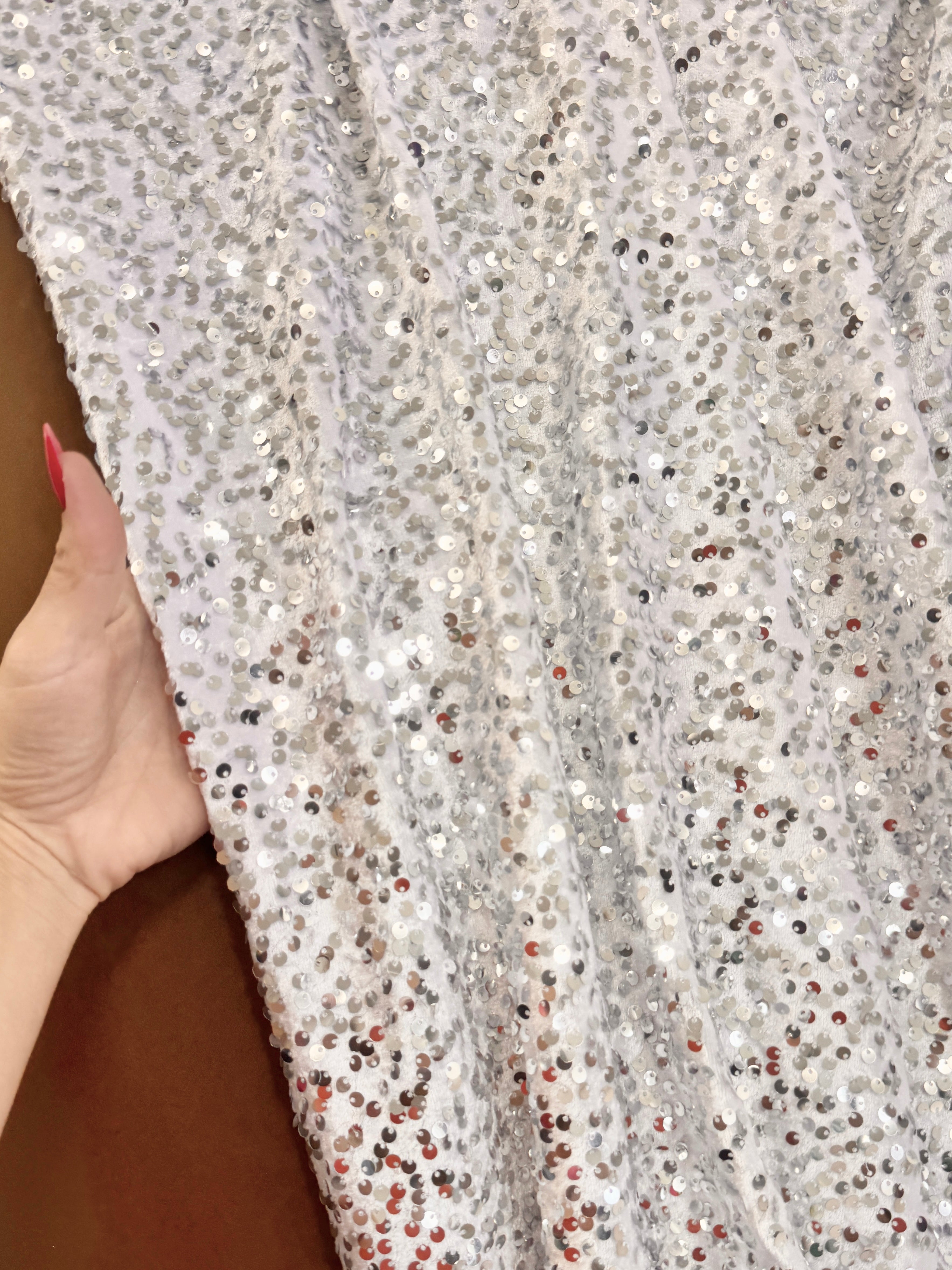 Silver White Sequins Velvet, Sequin on velvet, Stretch Sequin Mesh, Stretch Sequin velvet for woman,  Stretch Sequin velvet for bride, Stretch Sequin velvet on sale, Stretch Sequin velvet on discount, Stretch Sequin velvet online