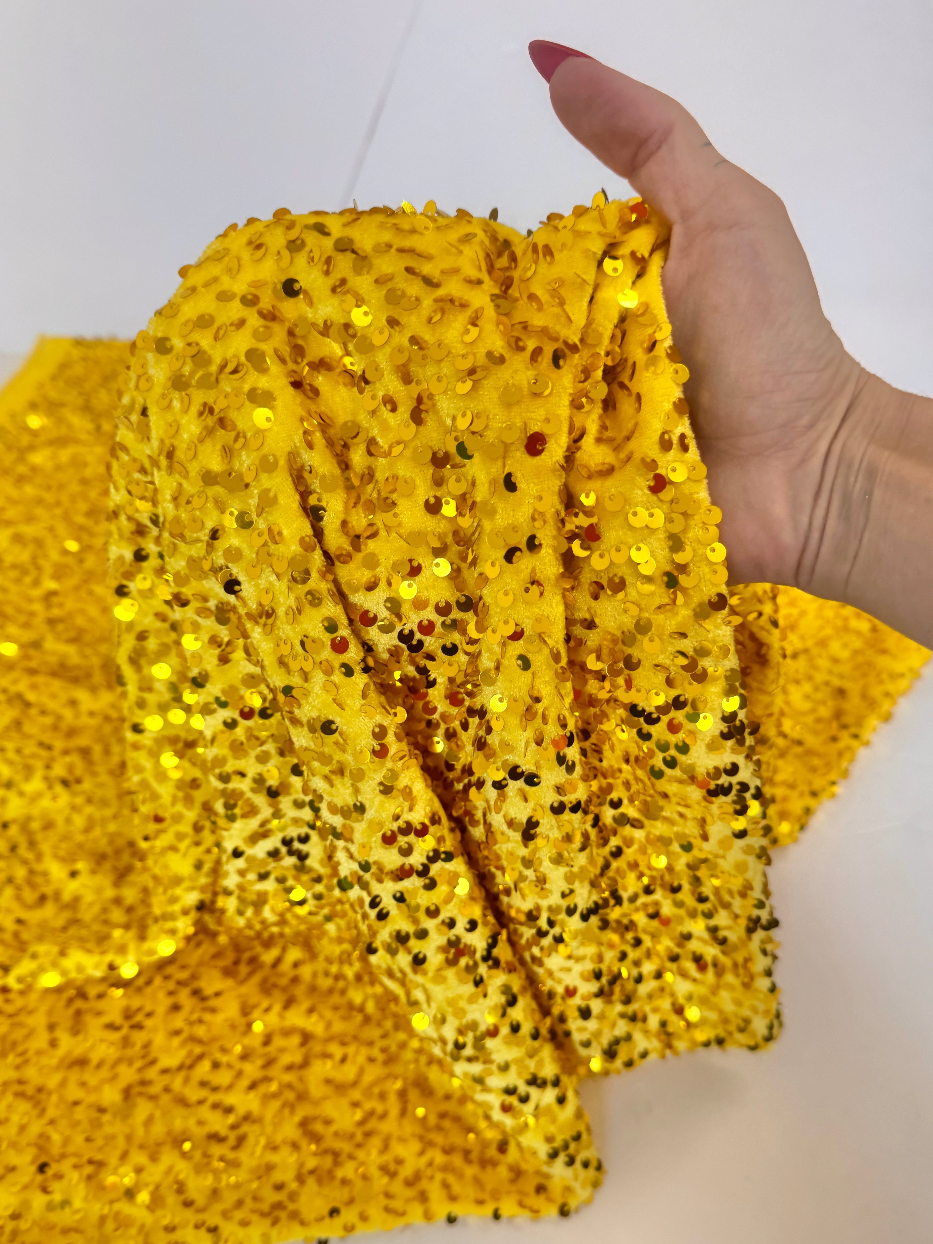 Yellow Sequins Velvet, Sequin on velvet, Stretch Sequin Mesh, Stretch Sequin velvet for woman,  Stretch Sequin velvet for bride, Stretch Sequin velvet on sale, Stretch Sequin velvet on discount, Stretch Sequin velvet online