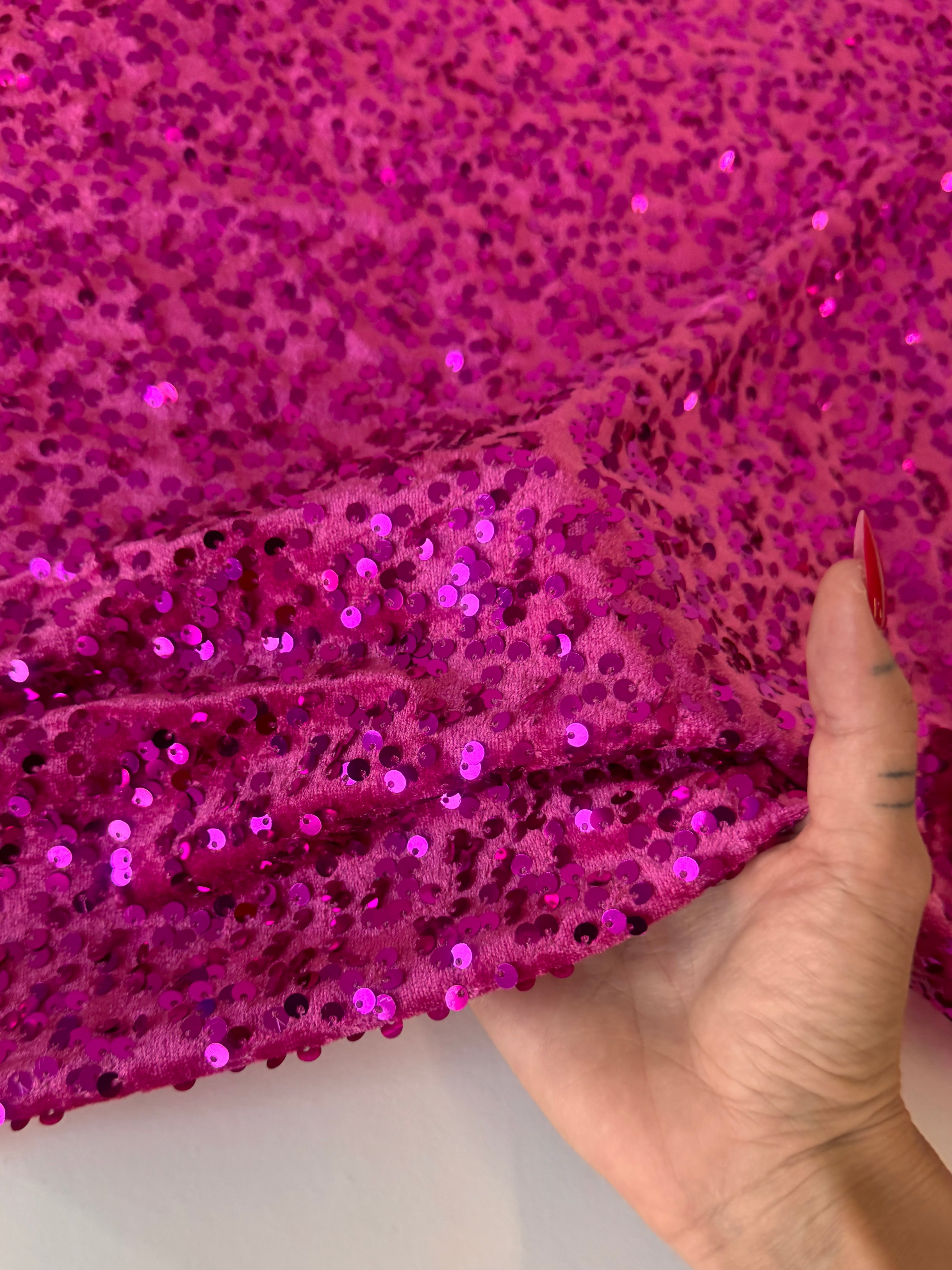 Fuchsia Sequins Velvet, Sequin on velvet, Stretch Sequin Mesh, Stretch Sequin velvet for woman,  Stretch Sequin velvet for bride, Stretch Sequin velvet on sale, Stretch Sequin velvet on discount, Stretch Sequin velvet online