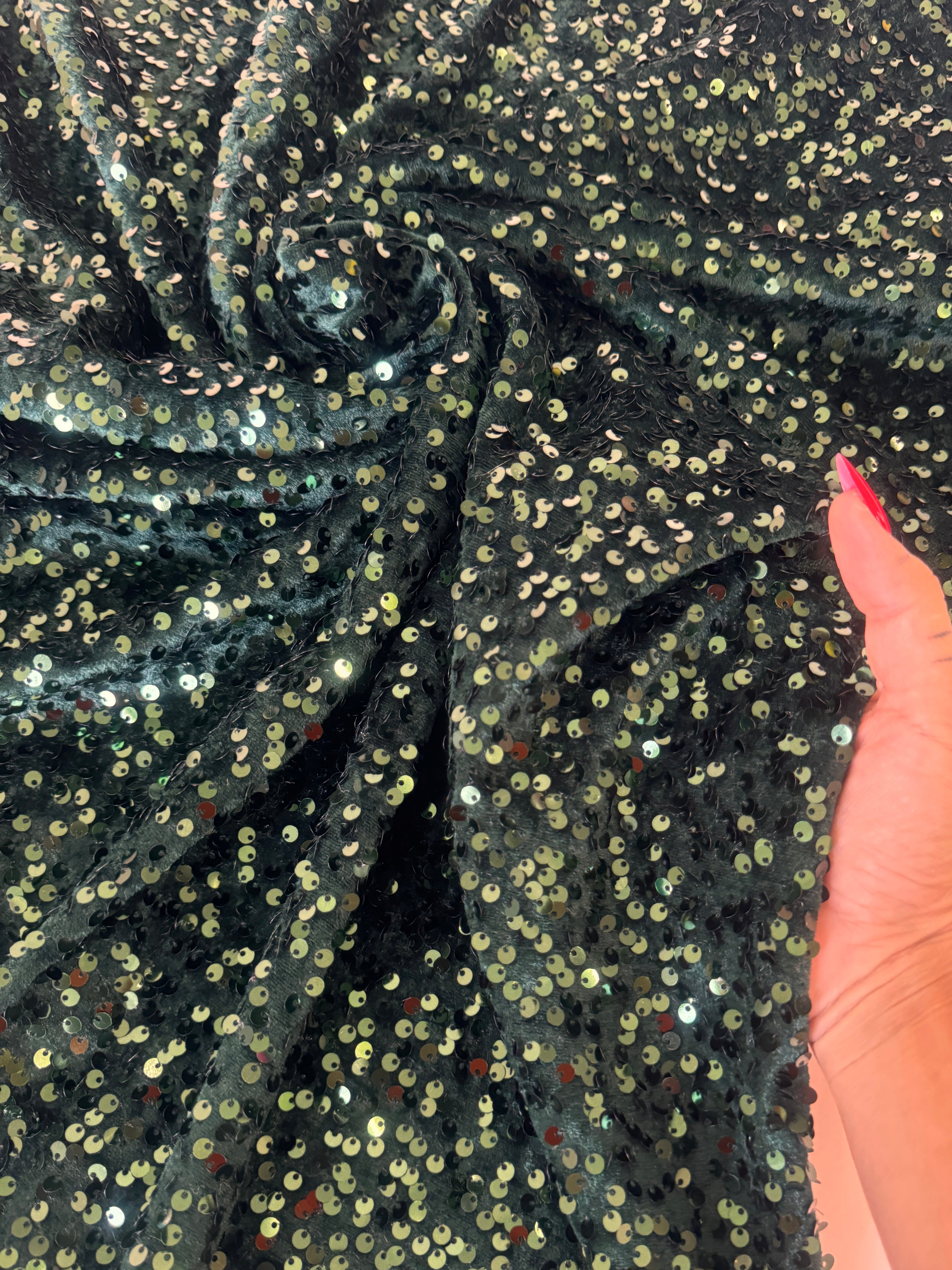 Hunter Green Sequins Velvet, Sequin on velvet, Stretch Sequin Mesh, Stretch Sequin velvet for woman,  Stretch Sequin velvet for bride, Stretch Sequin velvet on sale, Stretch Sequin velvet on discount, Stretch Sequin velvet online