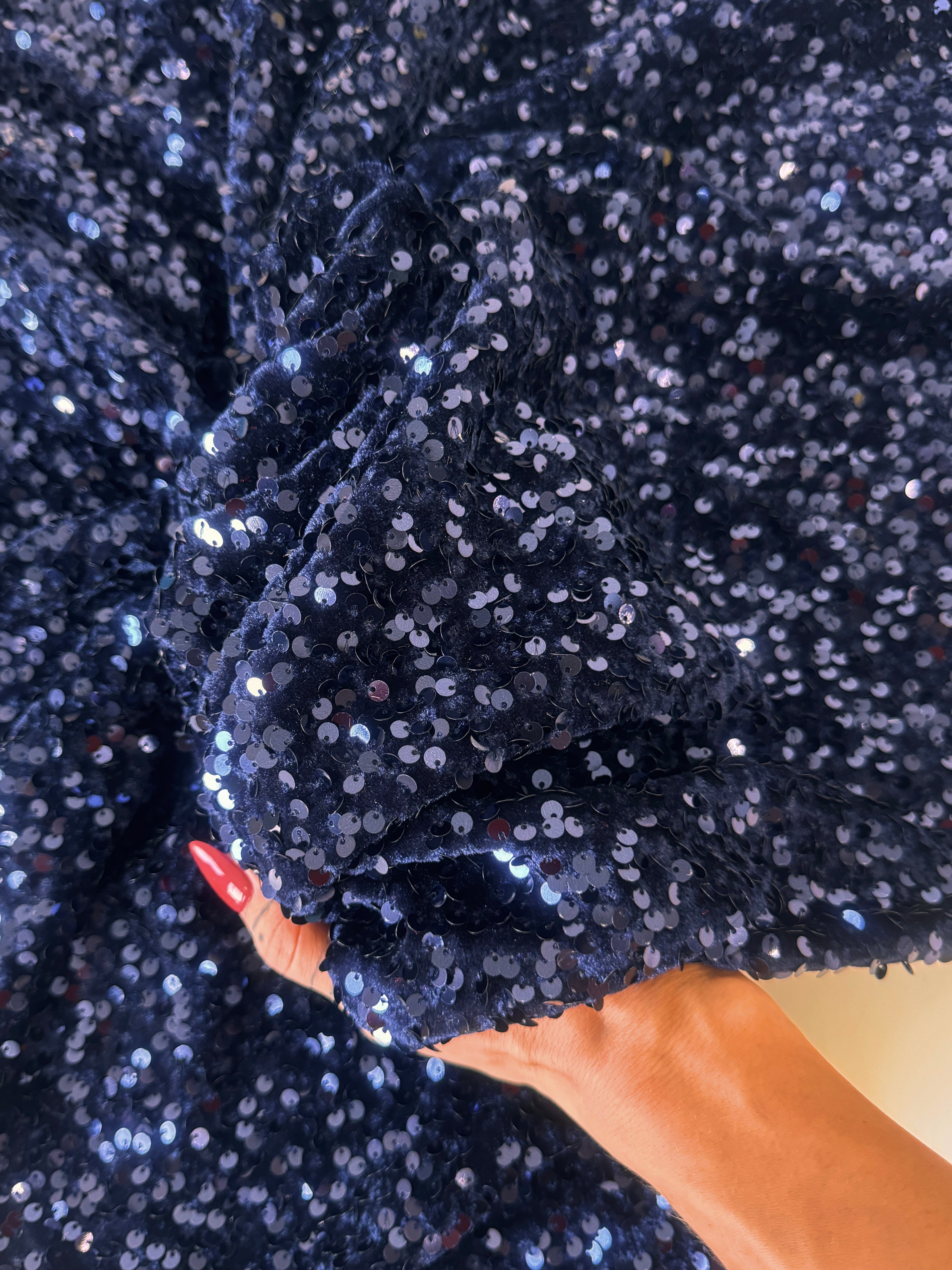 Navy Sequins Velvet, Sequin on velvet, Stretch Sequin Mesh, Stretch Sequin velvet for woman,  Stretch Sequin velvet for bride, Stretch Sequin velvet on sale, Stretch Sequin velvet on discount, Stretch Sequin velvet online