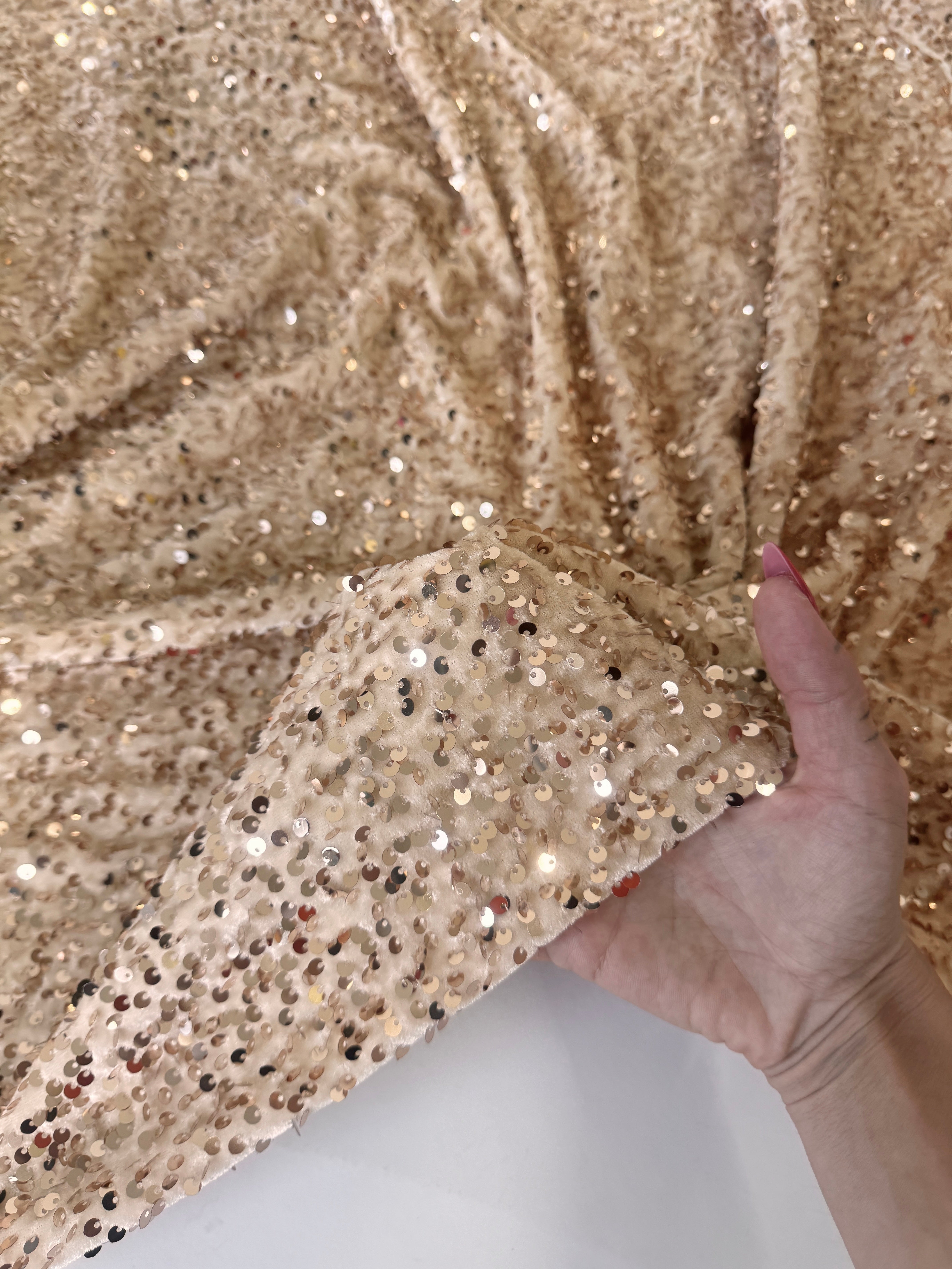 Cream Champagne Sequins Velvet, Shop Fabrics Online, Sewing, Fabric Store, Sewing Store, Cheap Fabric Store, Kiki Textiles, Textile by the Yard