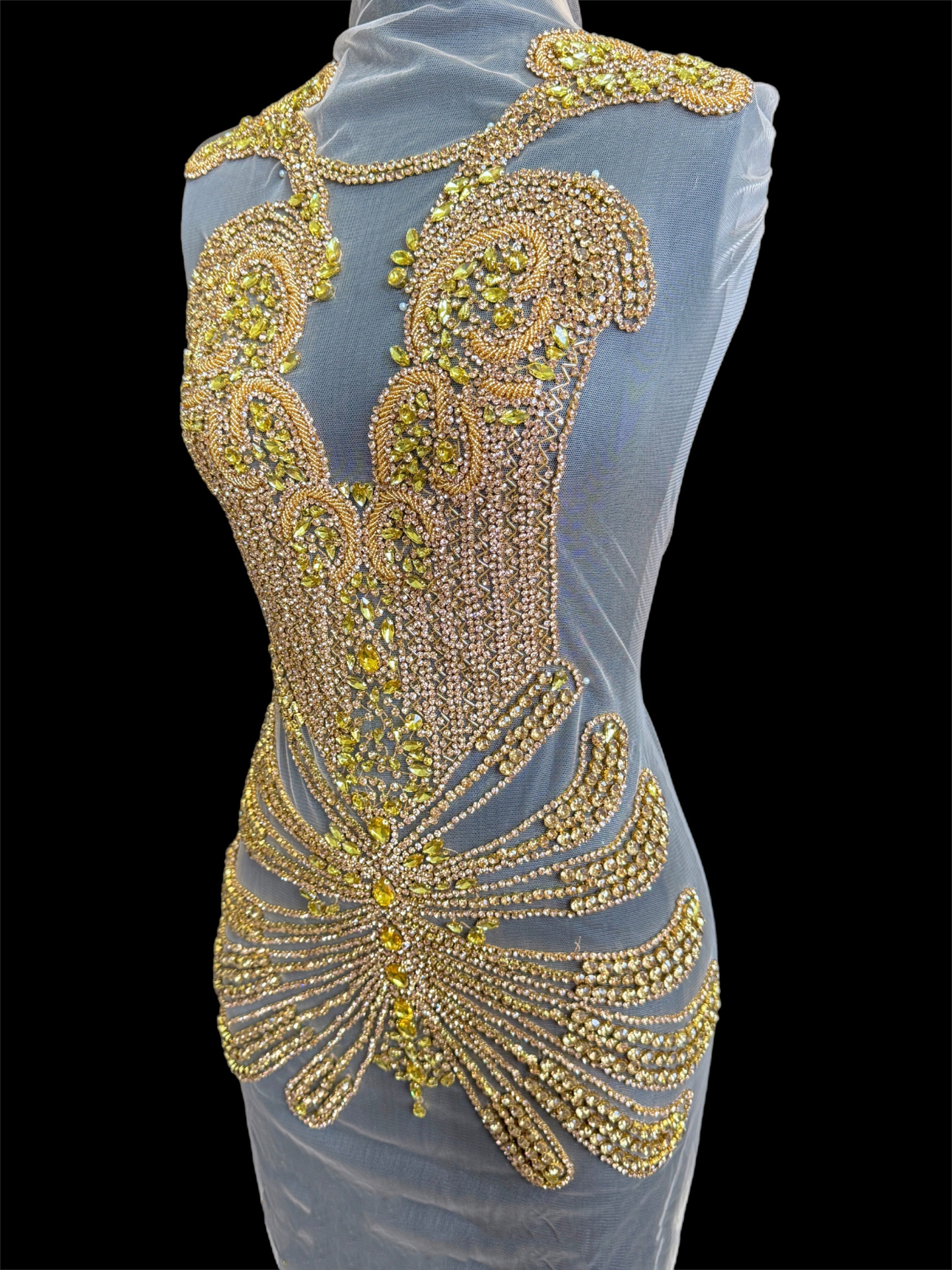 bebe gold Rhinestone Bodice Applique, gold rhinestone, dark gold rhinestone, light gold rhinestone