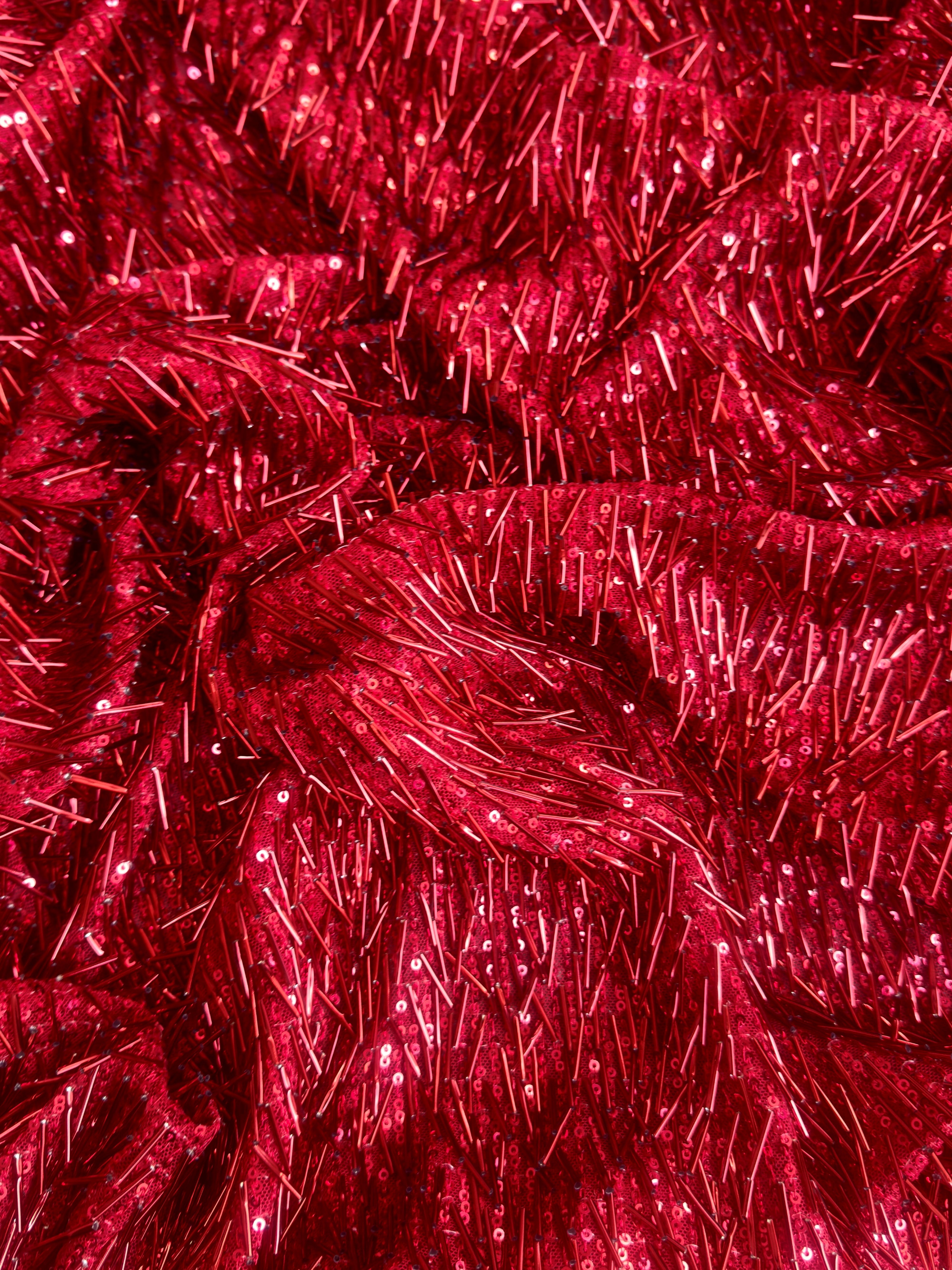 Red Fringe Sequin on Mesh, Red Sequin Mesh for woman, Fringe Sequin Mesh for bride, Non-Stretch Mesh on sale, Sequin Mesh on discount, sequin fabric online