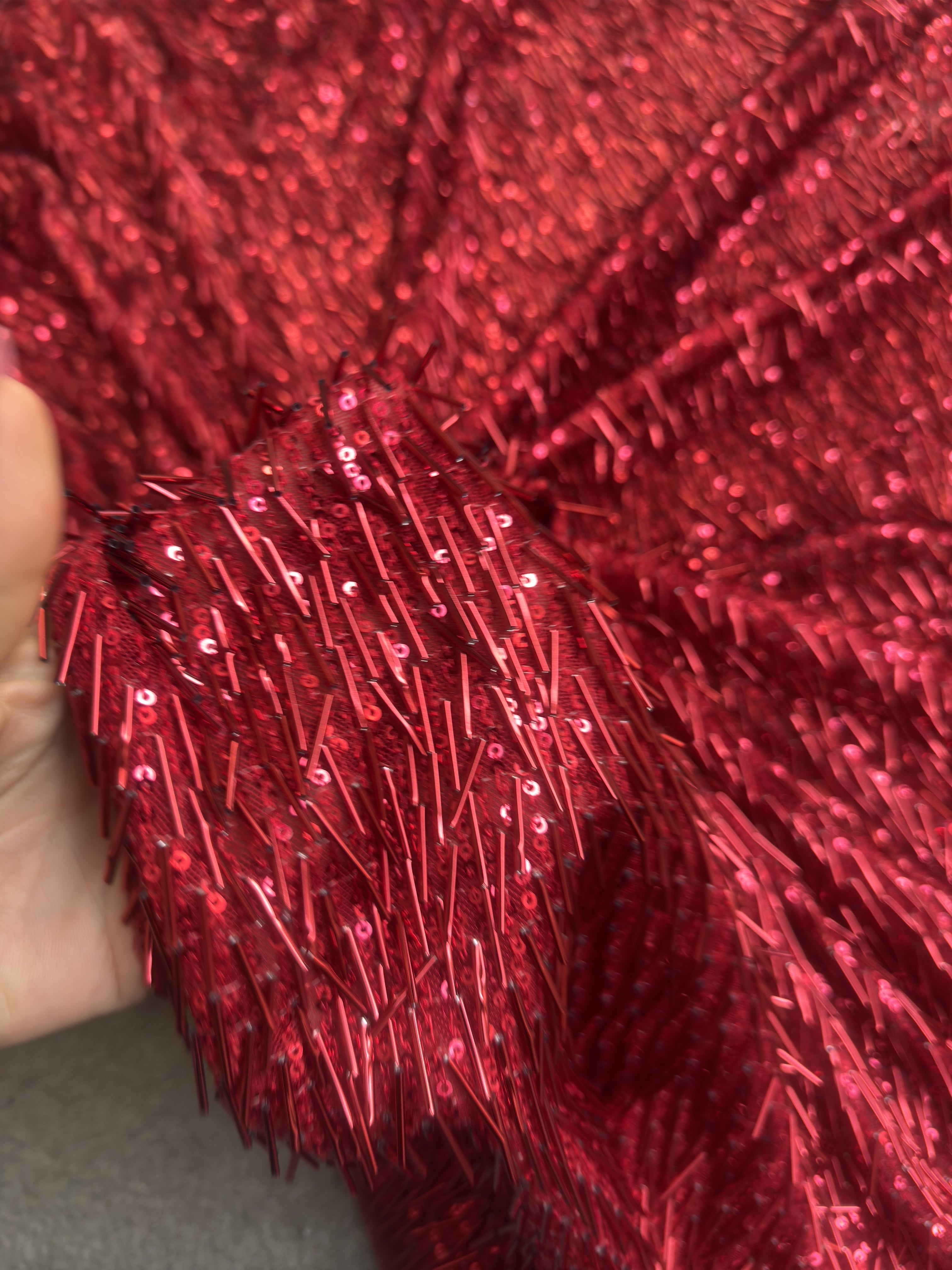 Red Fringe Sequin on Mesh, Fabric Store, Sewing Store, Cheap Fabric Store, Kiki Textiles, Textile by the Yard