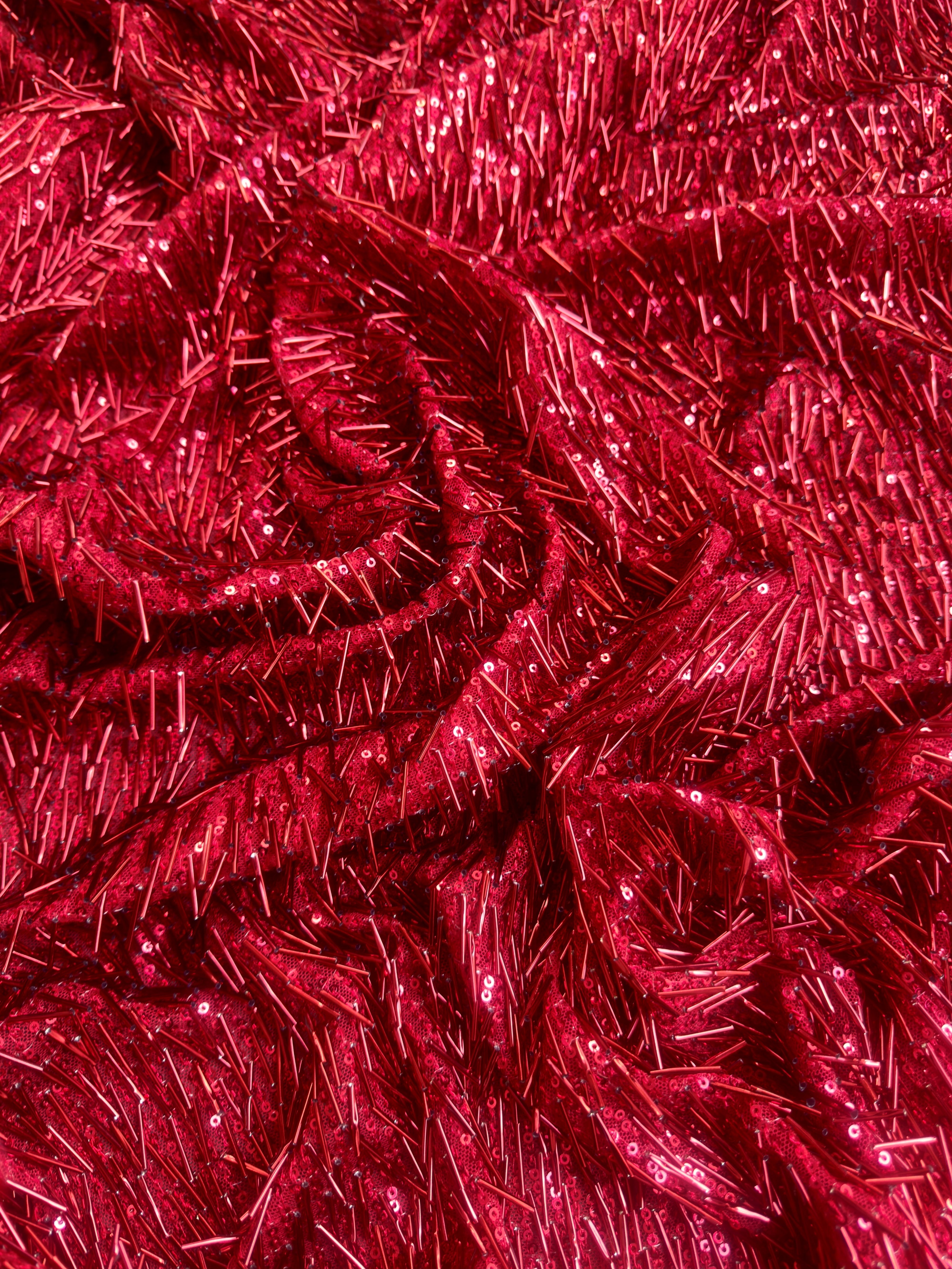 Red Fringe Sequin on Mesh, Fabric Store, Sewing Store, Cheap Fabric Store, Kiki Textiles, Textile by the Yard