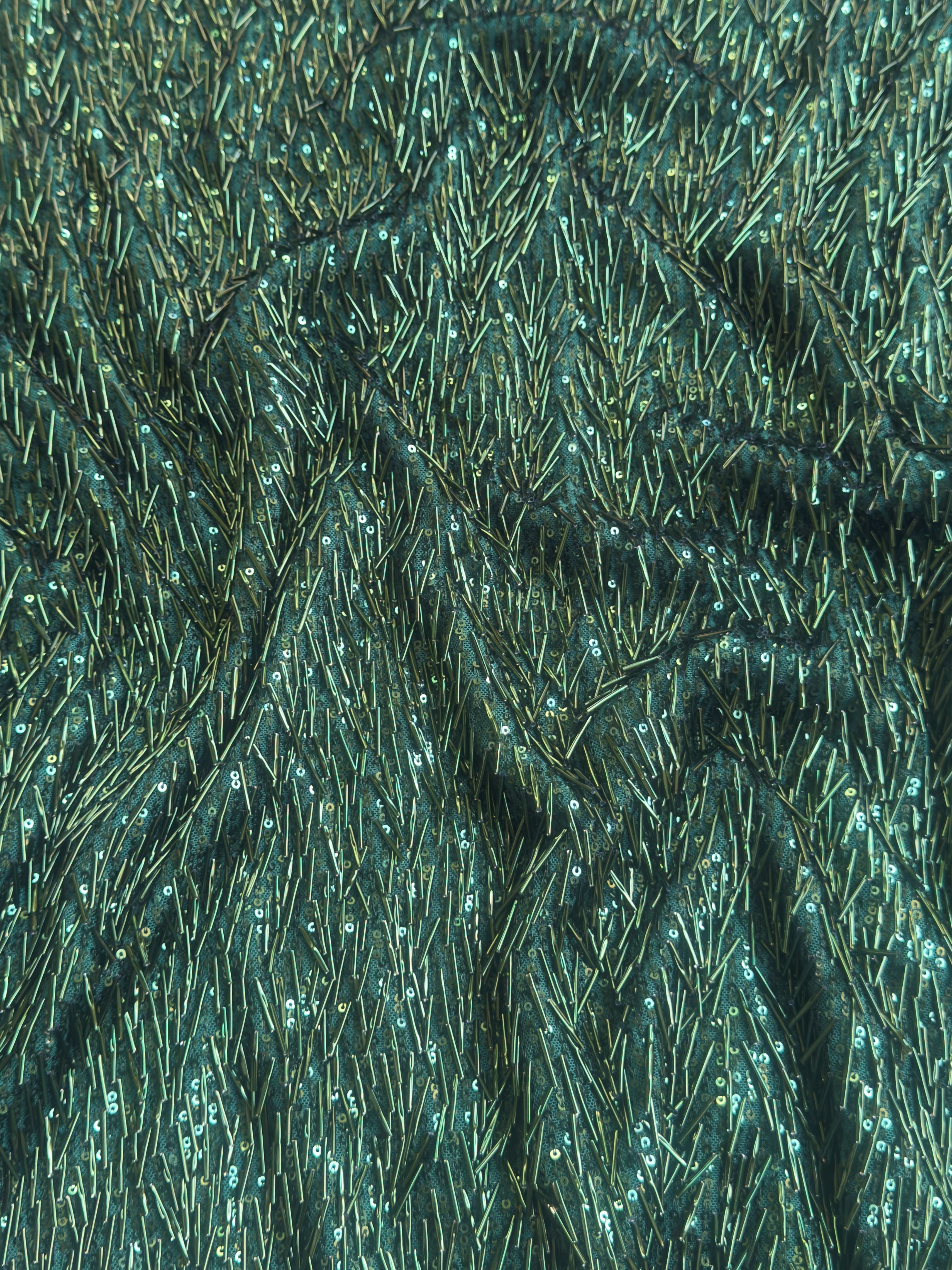 Emerald Green Fringe Sequin on Mesh, Fabric Store, Sewing Store, Cheap Fabric Store, Kiki Textiles, Textile by the Yard