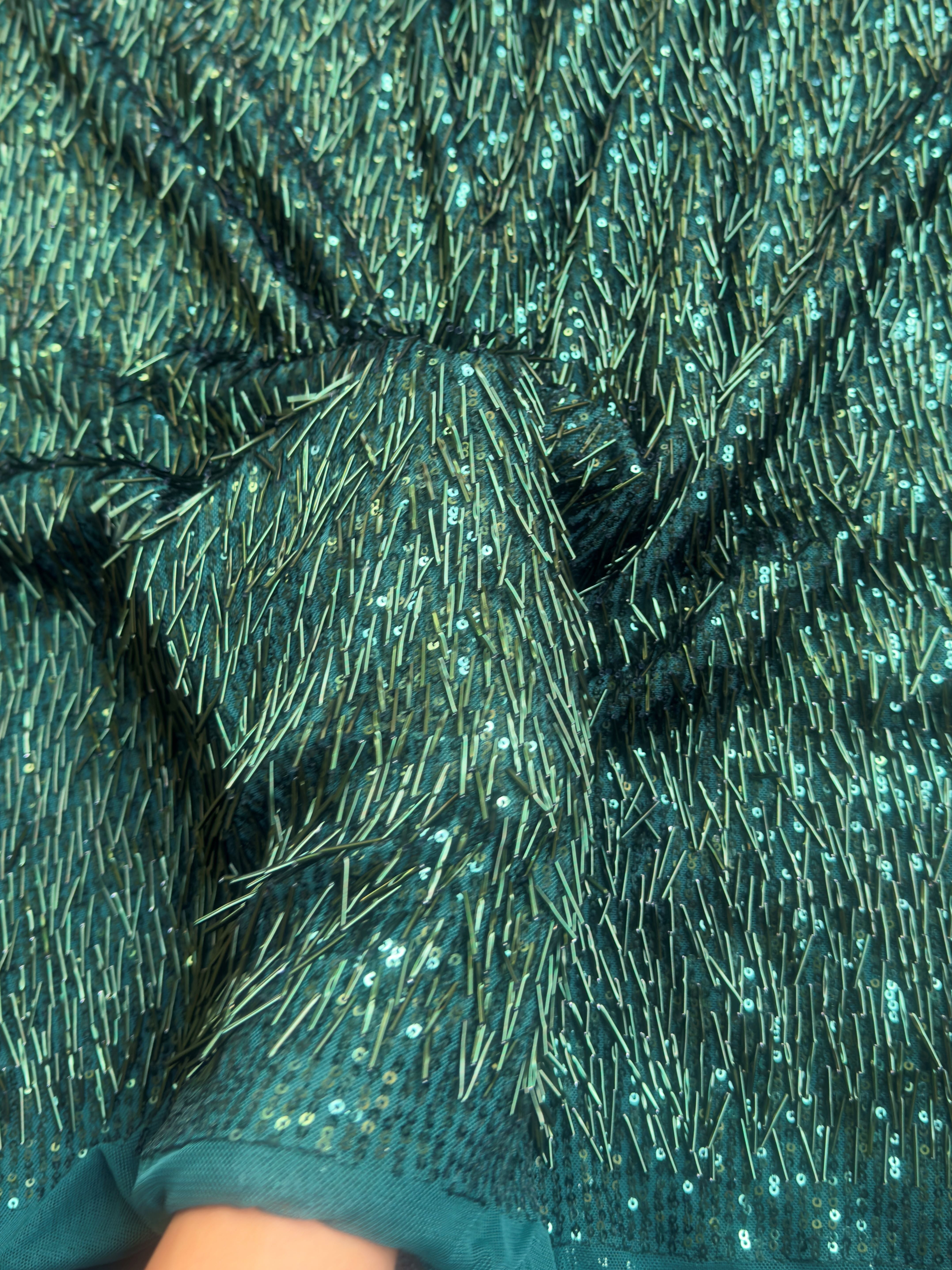 Emerald Green Fringe Sequin on Mesh, Fabric Store, Sewing Store, Cheap Fabric Store, Kiki Textiles, Textile by the Yard