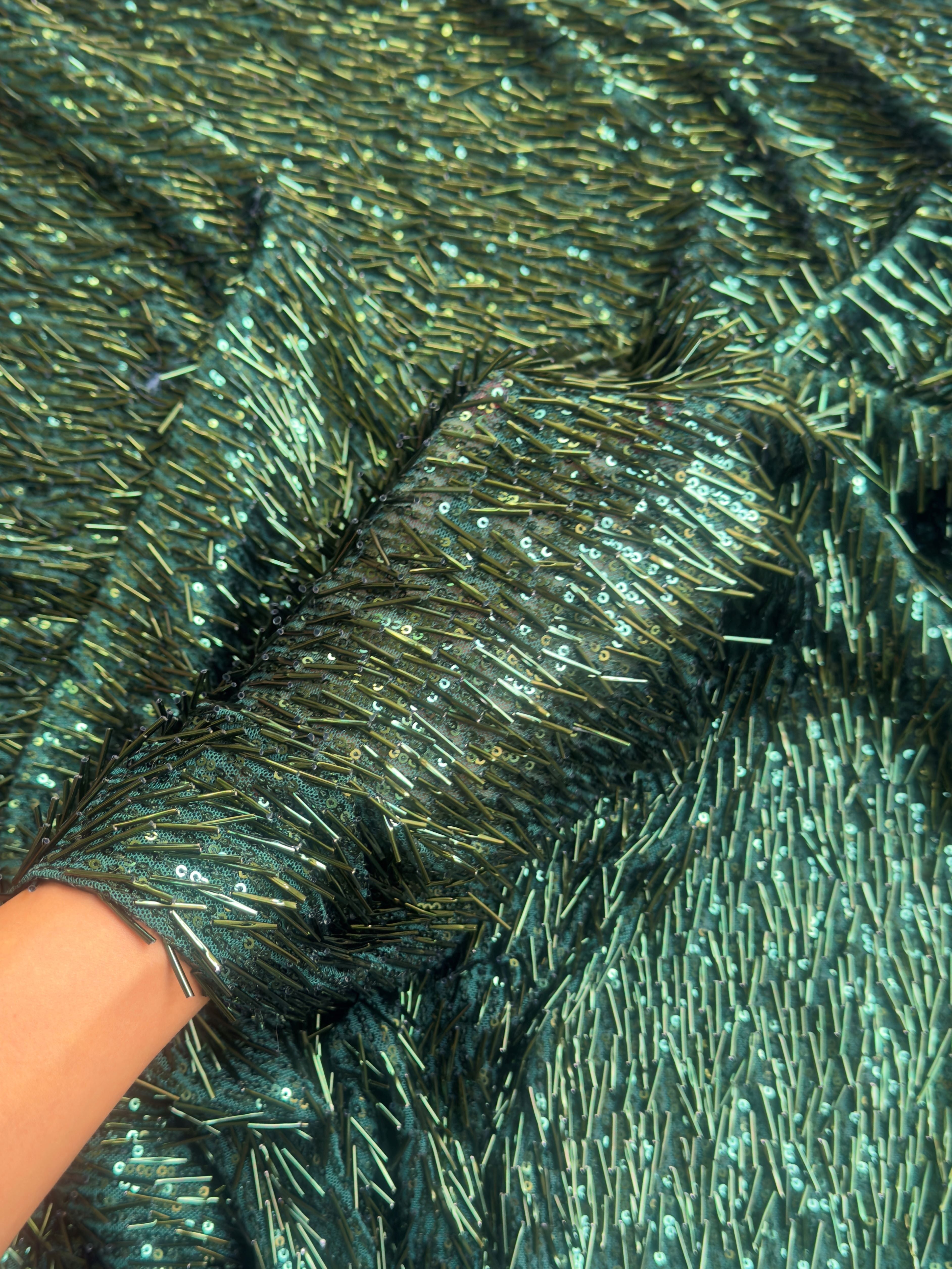 Emerald Green Fringe Sequin on Mesh, Green Sequin Mesh for woman, Fringe Sequin Mesh for bride, Non-Stretch Mesh on sale, Sequin Mesh on discount, sequin fabric online