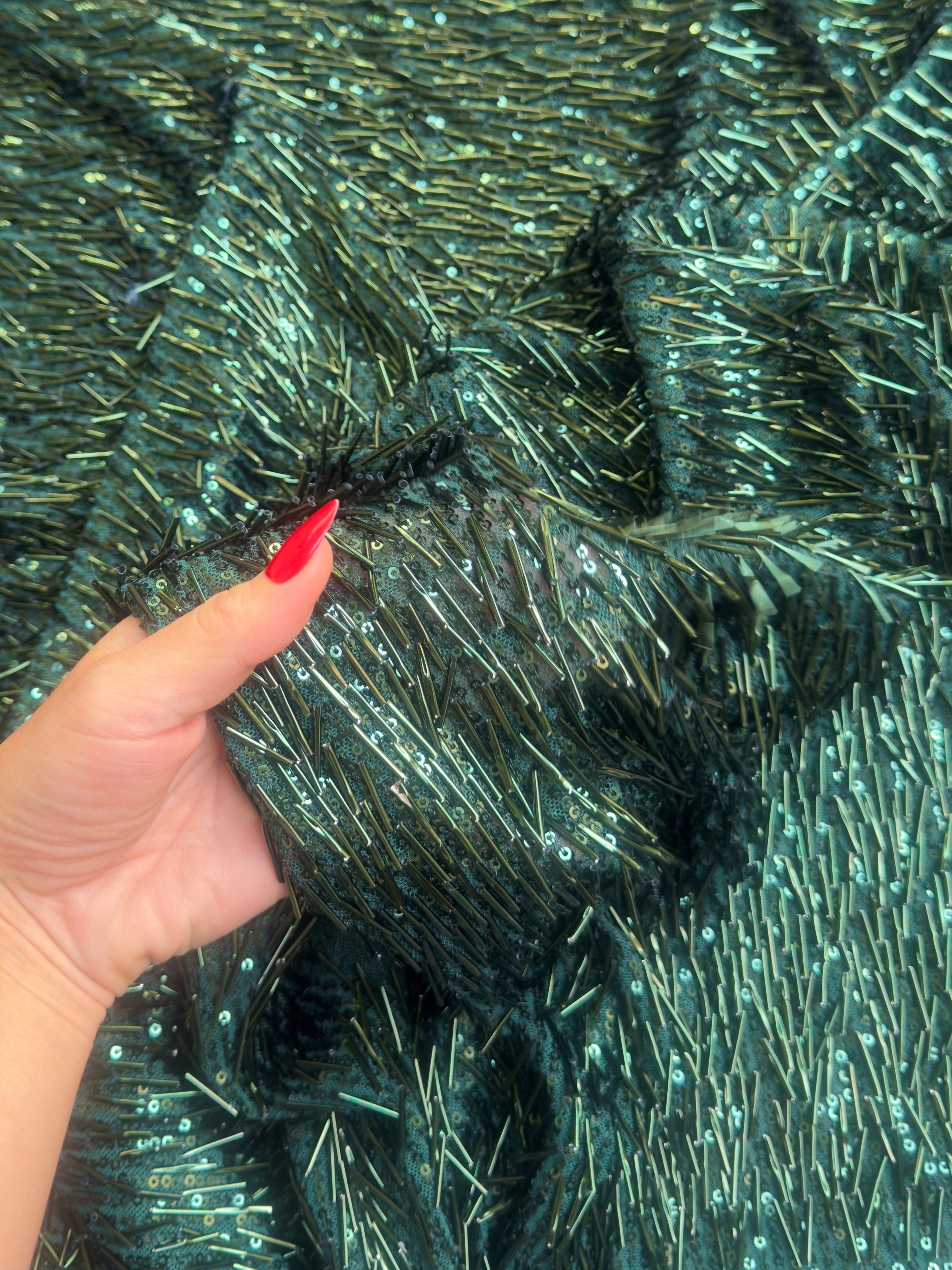 Emerald Green Fringe Sequin on Mesh, Green Sequin Mesh for woman, Fringe Sequin Mesh for bride, Non-Stretch Mesh on sale, Sequin Mesh on discount, sequin fabric online