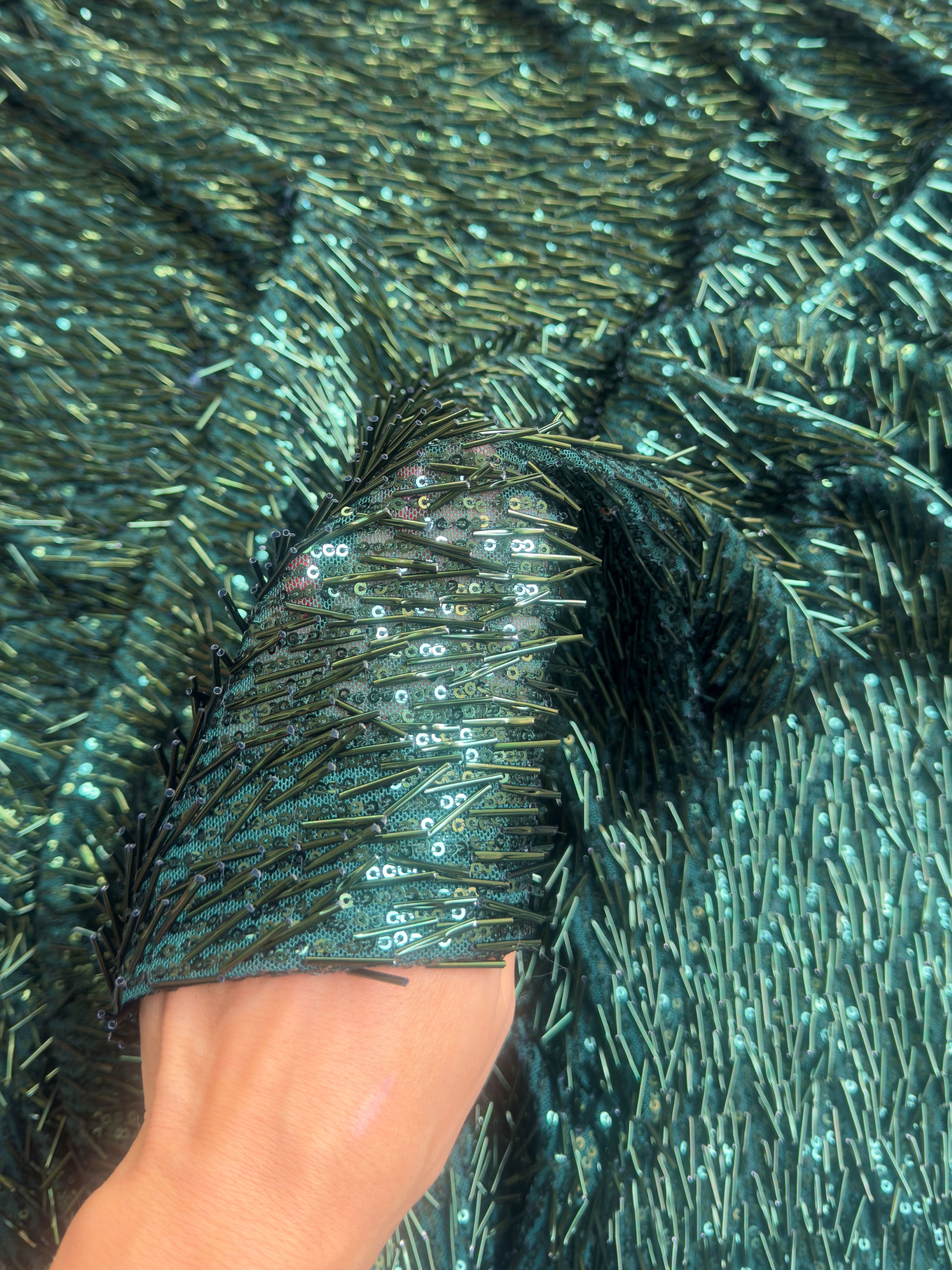 Emerald Green Fringe Sequin on Mesh, Fabric Store, Sewing Store, Cheap Fabric Store, Kiki Textiles, Textile by the Yard