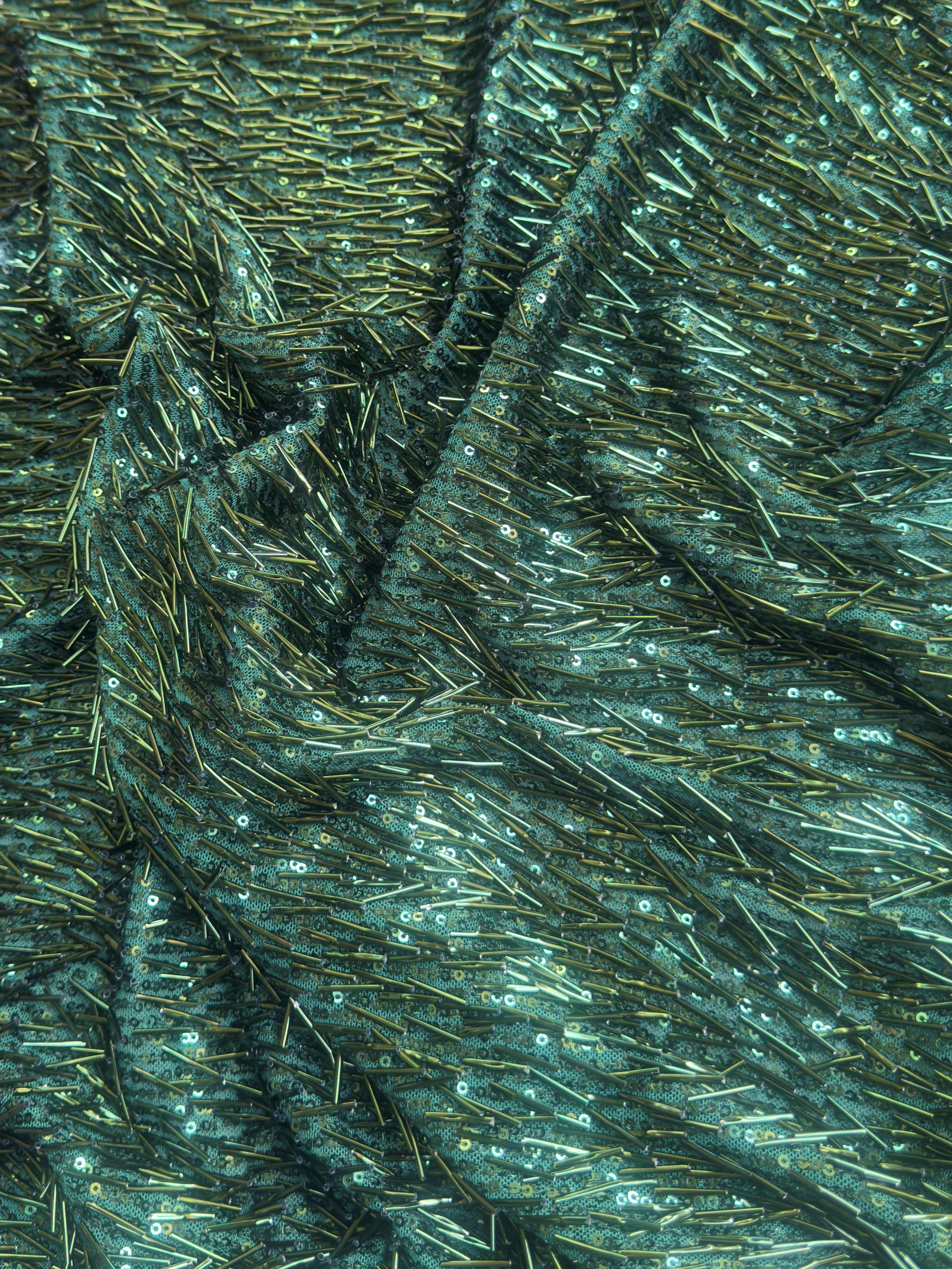 Emerald Green Fringe Sequin on Mesh, Green Sequin Mesh for woman, Fringe Sequin Mesh for bride, Non-Stretch Mesh on sale, Sequin Mesh on discount, sequin fabric online